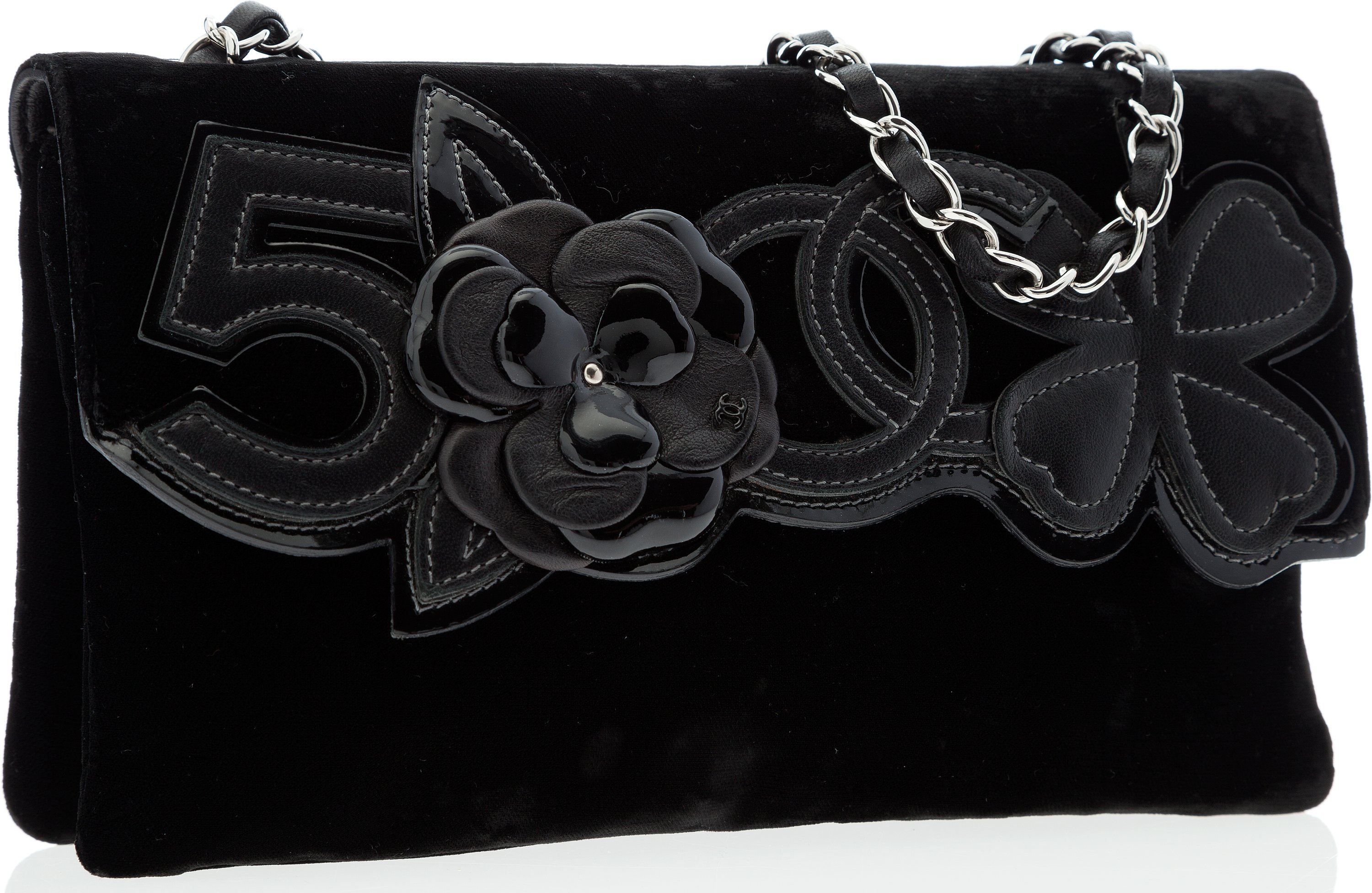 Chanel Black Velvet Camellia No. 5 Clutch Bag with Silver Hardware