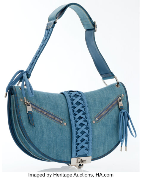 Christian Dior Triple Zip Saddle Crossbody Bag Denim Blue Leather