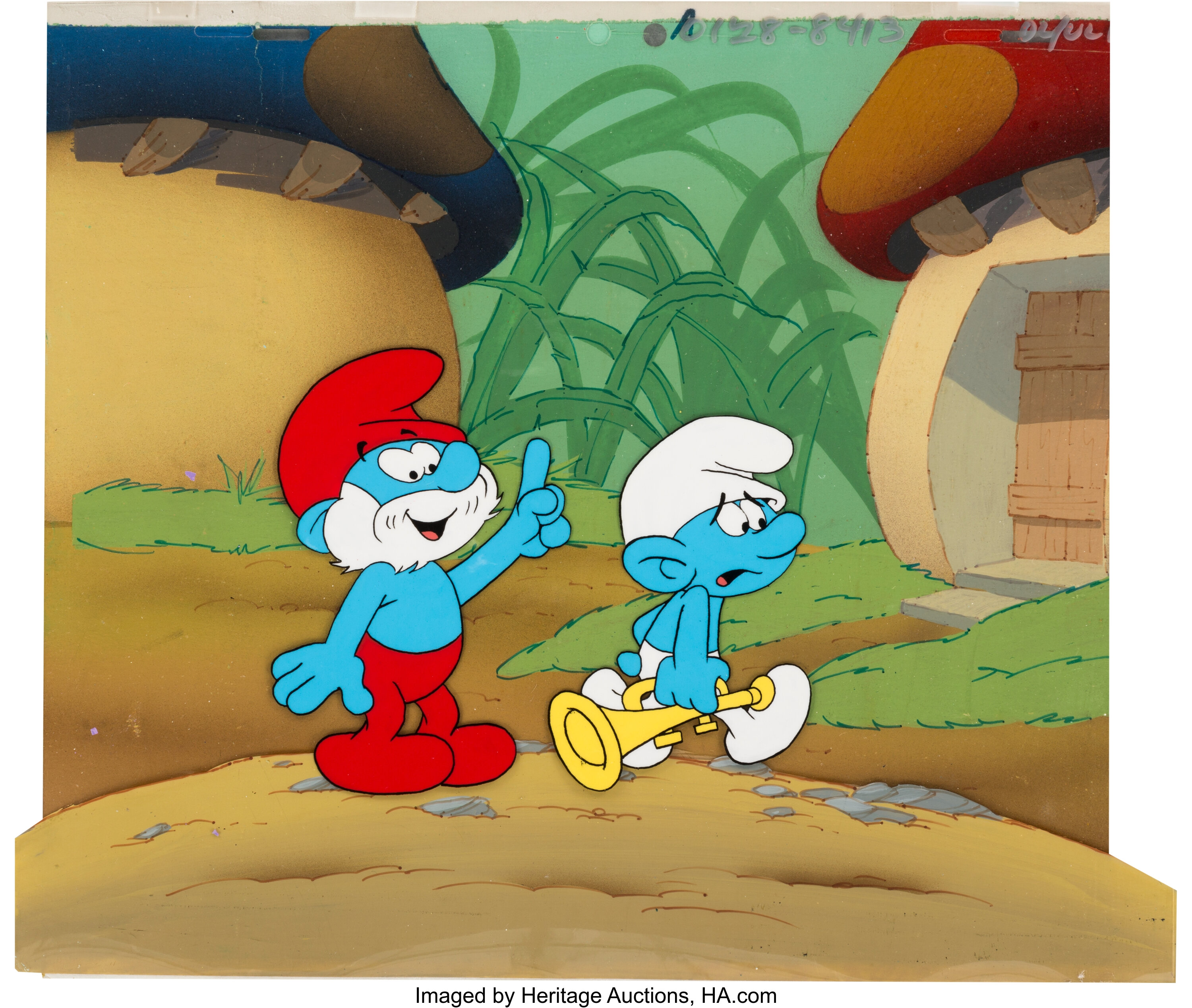 The Smurfs Papa Smurf and Harmony Smurf Production Cel Setup with | Lot ...