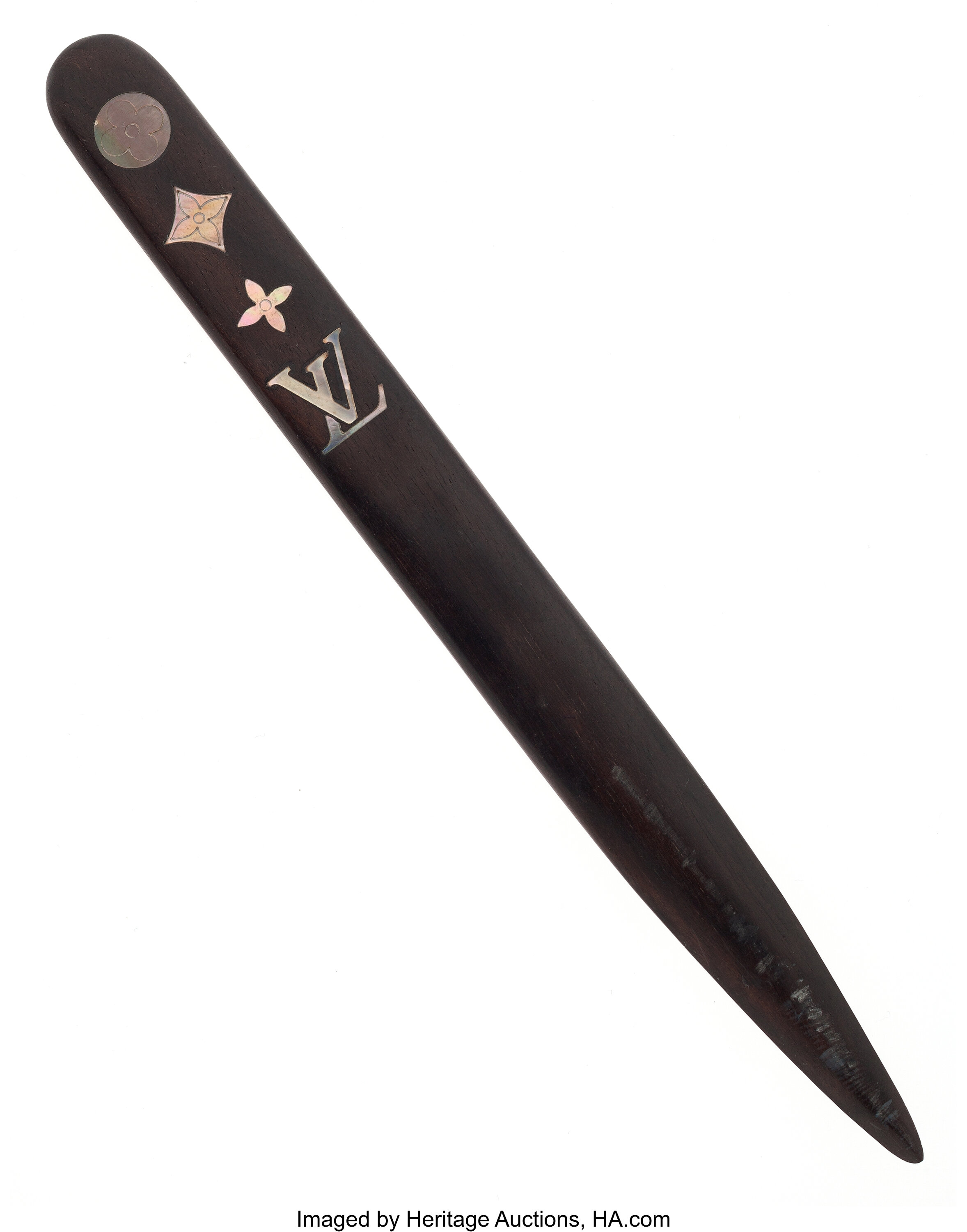 Vintage Louis Vuitton Wooden Letter Opener w/Inlaid Mother-of-Pearl Designs