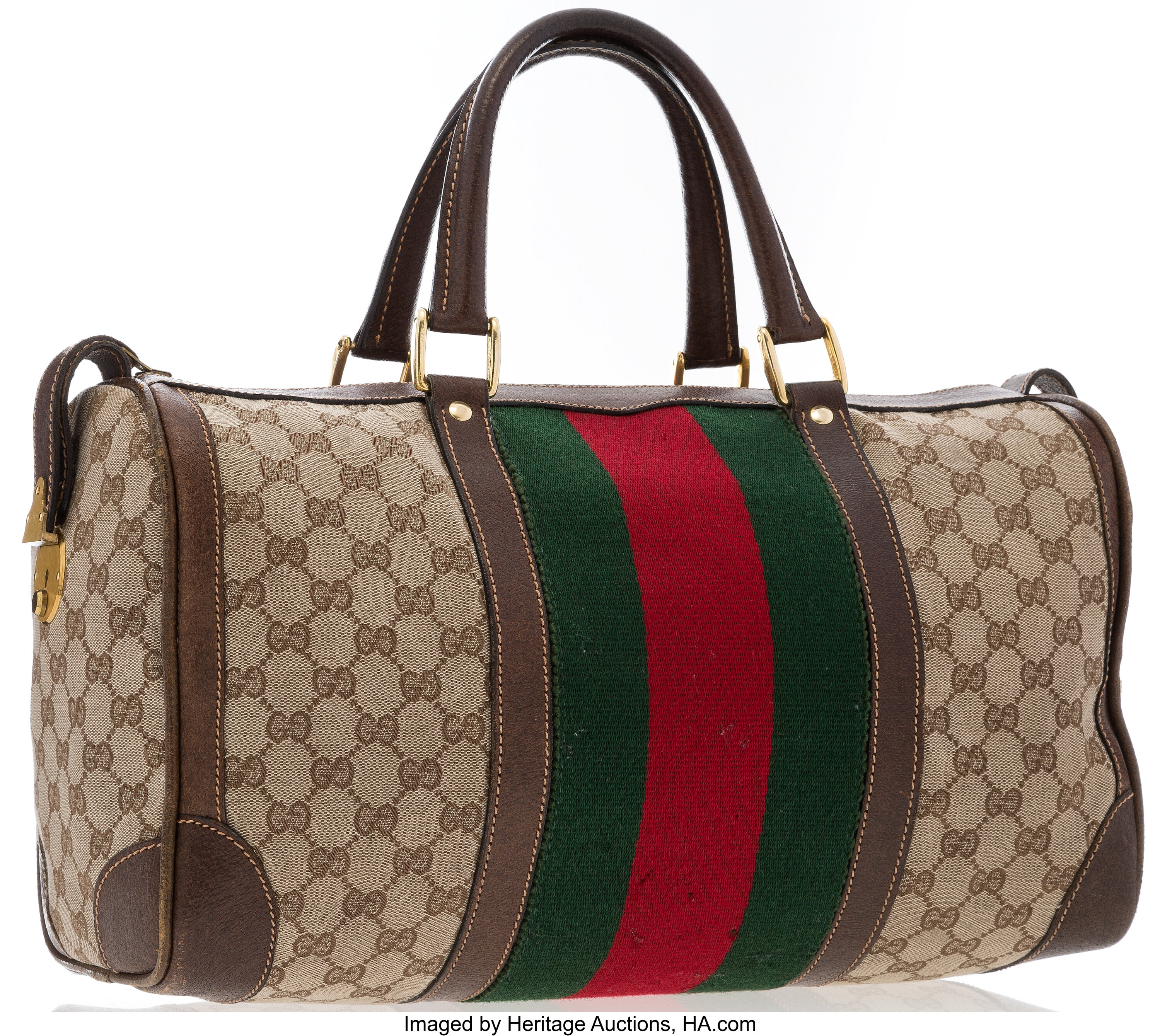 Gucci Boston handbag in beige monogram canvas and brown leather