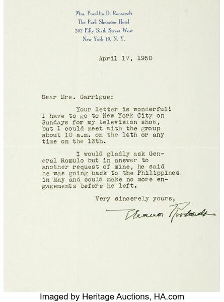 Eleanor Roosevelt Typed Letter Signed One Page 6 X 8 25 On Her Lot 94015 Heritage Auctions