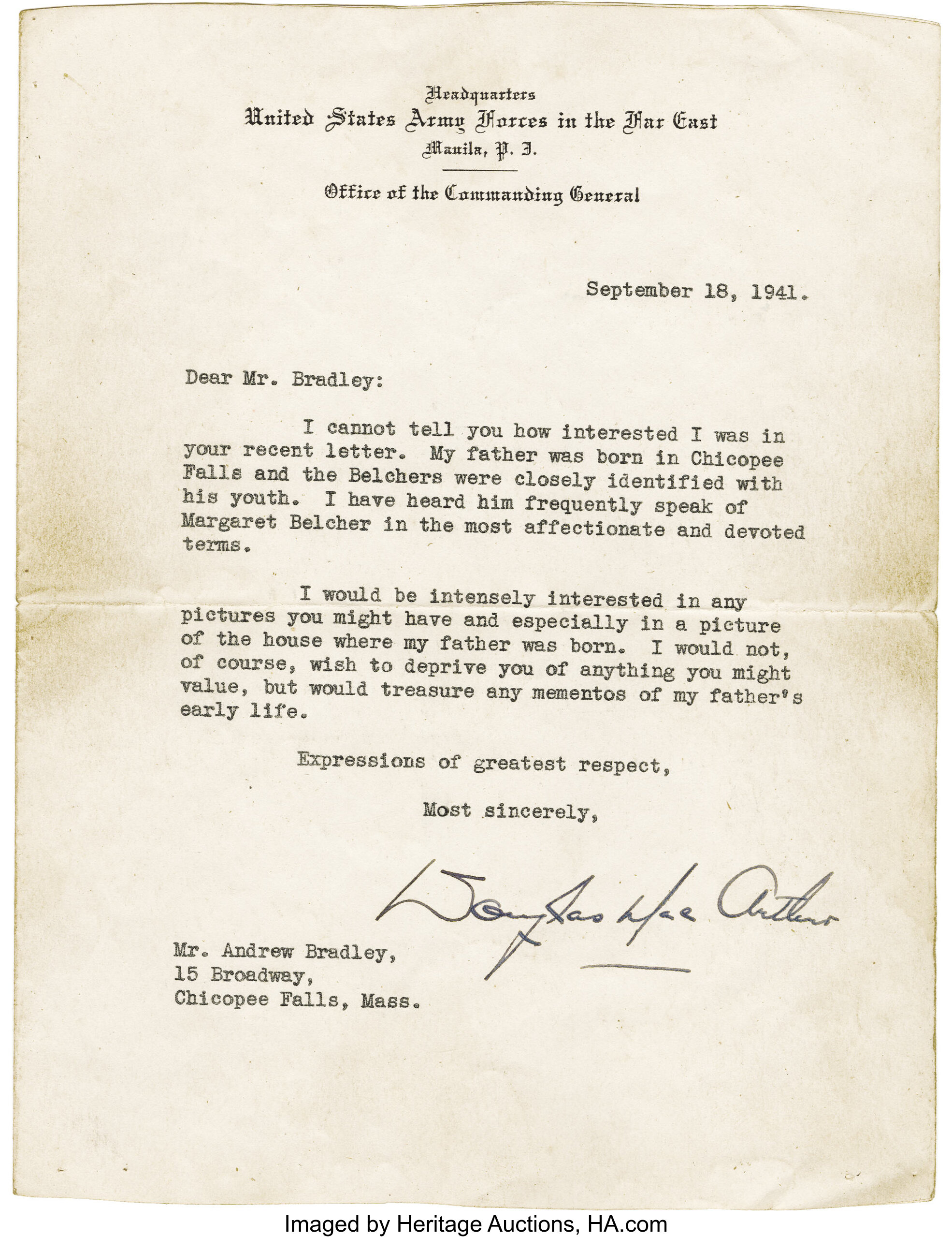 Douglas MacArthur Typed Letter Signed 