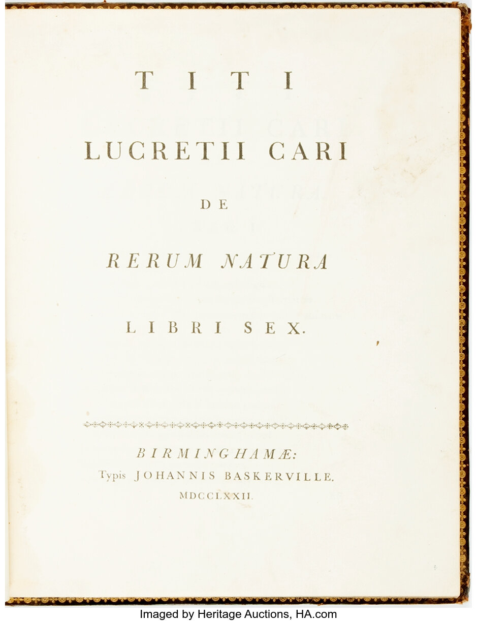 Titus Lucretius Carus. De Rerum Natura. Libri Sex. Birmingham: John | Lot  #91120 | Heritage Auctions