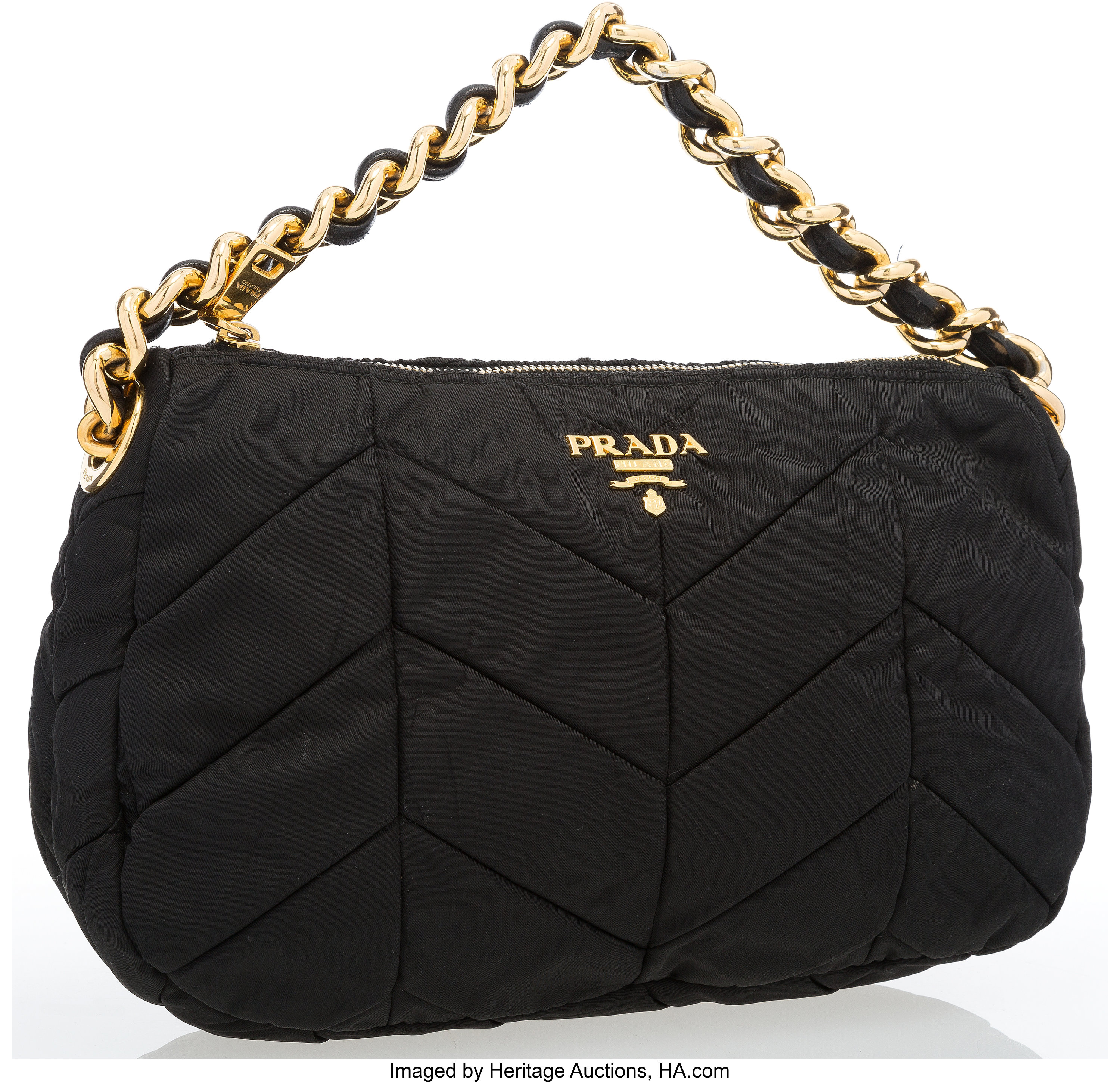 Prada Black Chevron Quilted Tessuto Bag with Gold Chain. Good to, Lot  #16048