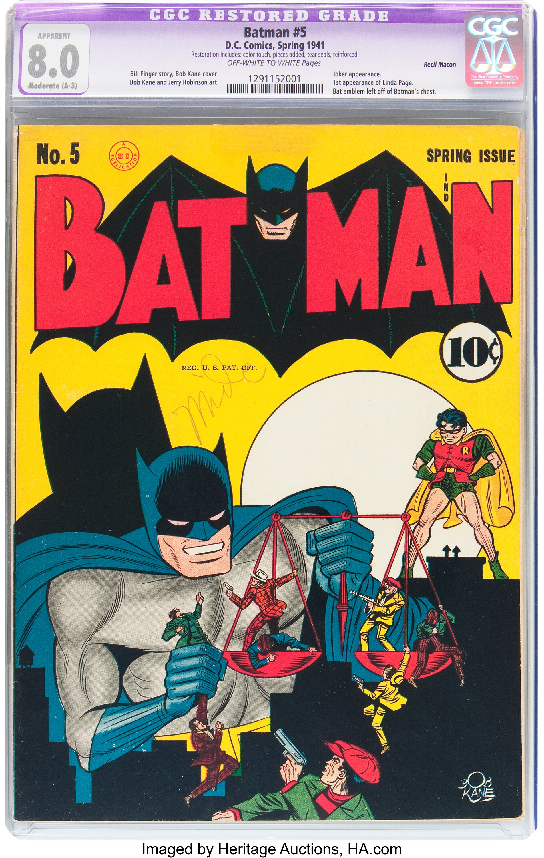 Batman #5 Recil Macon pedigree (DC, 1941) CGC Apparent VF  | Lot #12167  | Heritage Auctions