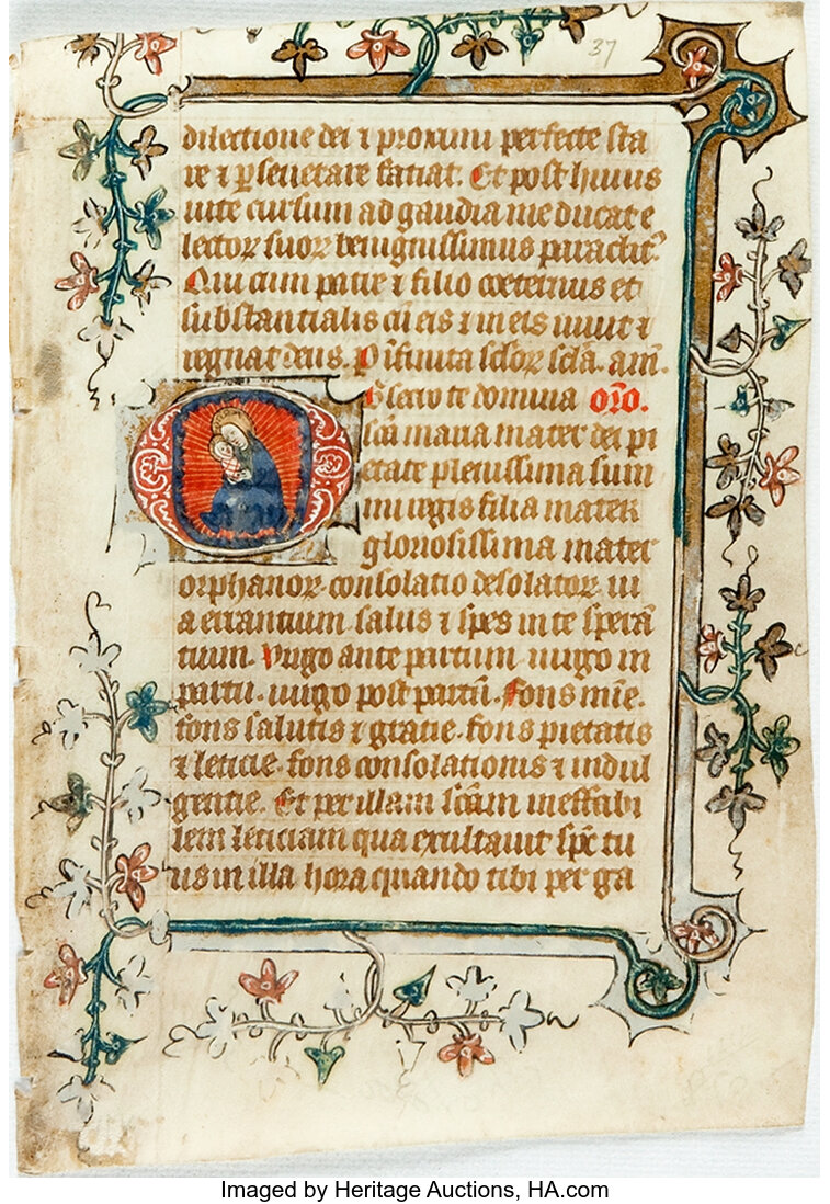 Medieval Manuscript with historiated initial from a prayer book on ...