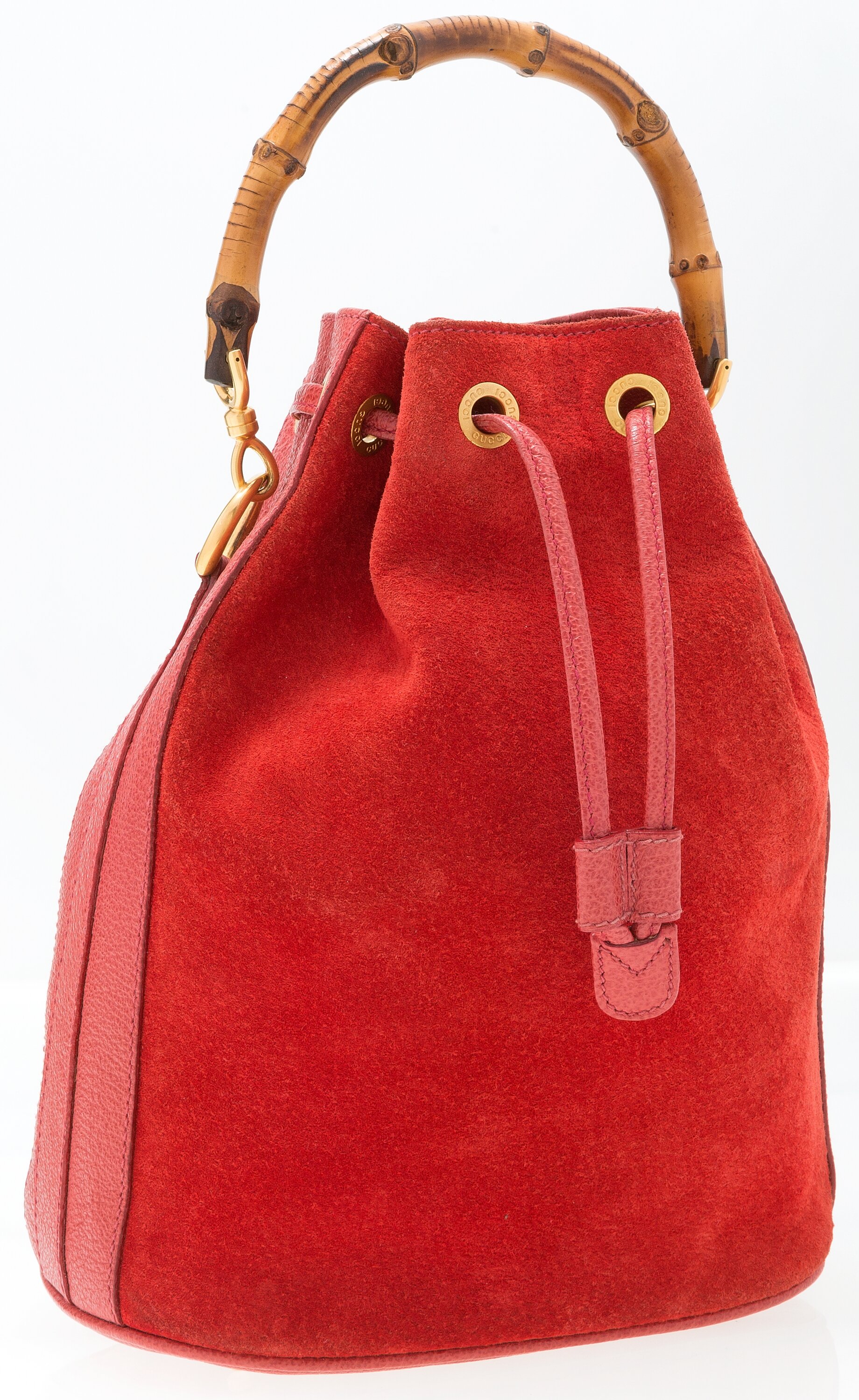 Red Gucci Bamboo Suede Shoulder Bag