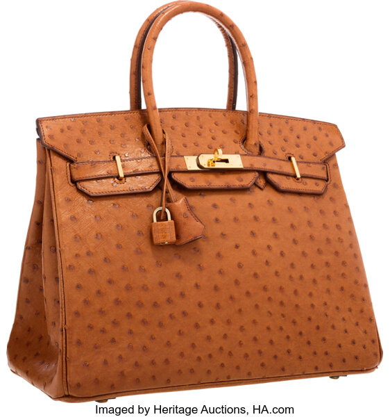 Hermes 35cm Cognac Ostrich Birkin Bag with Gold Hardware. Very Good, Lot  #58270