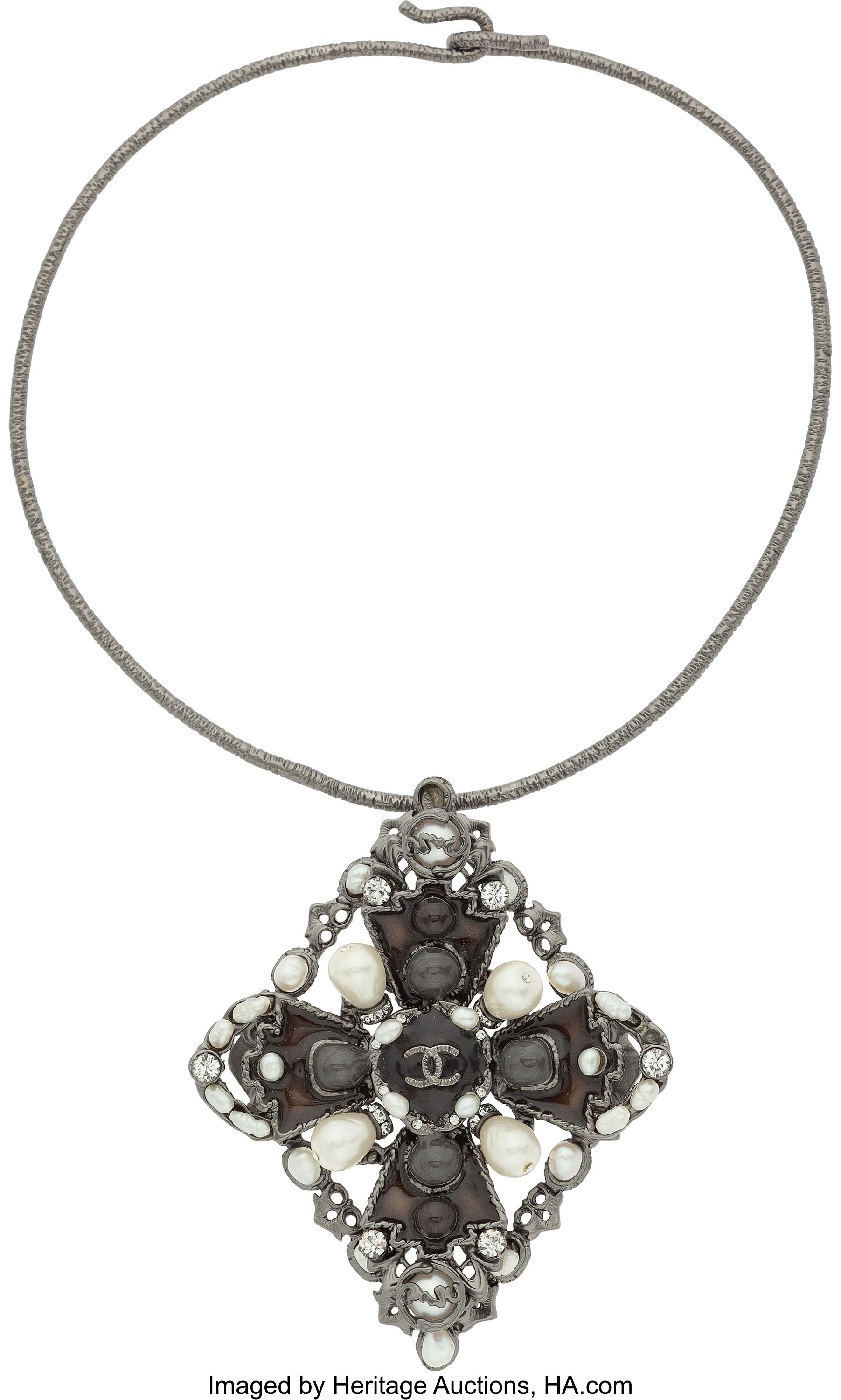 Chanel Glass Pearl & Gunmetal Maltese Cross Choker Necklace . | Lot #58346  | Heritage Auctions