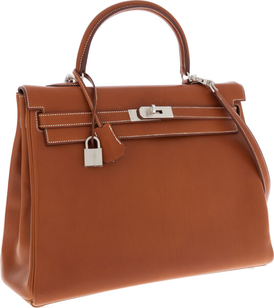 Hermes 35cm Natural Barenia Leather Brushed Palladium Plated Kelly