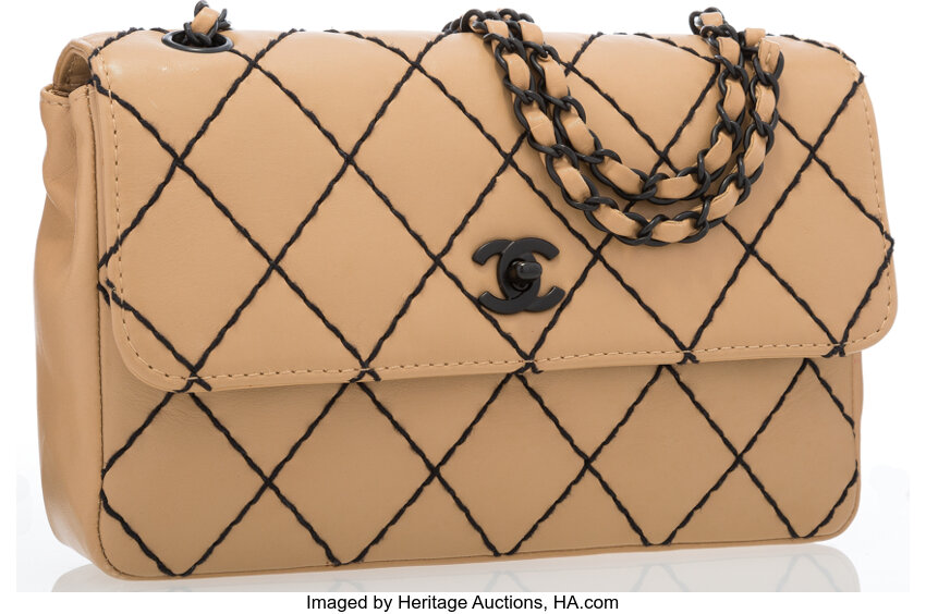 Chanel Beige Lambskin Leather Medium Flap Bag with Black Hardware., Lot  #20013
