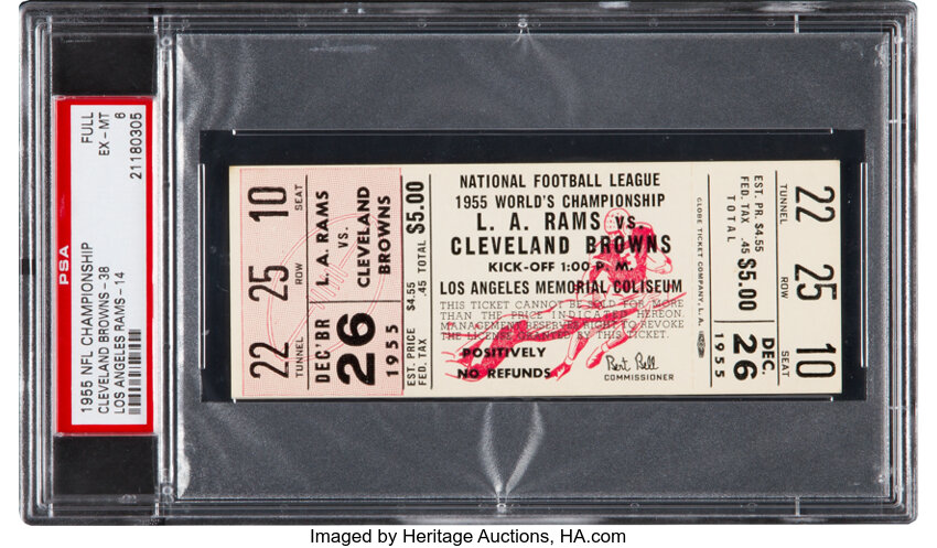 1955 NFL Championship Game Browns Vs. Rams Full Ticket PSA EX-MT 6, Lot  #82892