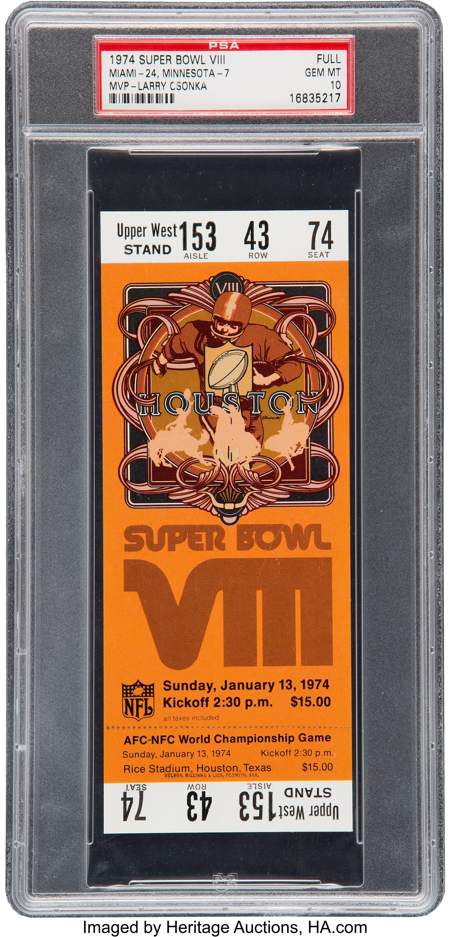 1974 Super Bowl VIII Full Ticket PSA Gem Mint 10. Football, Lot #82916