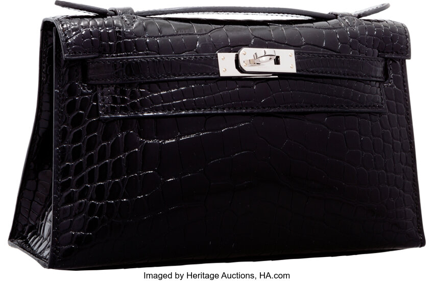 Hermes Shiny Black Alligator Kelly Pochette Bag with Palladium