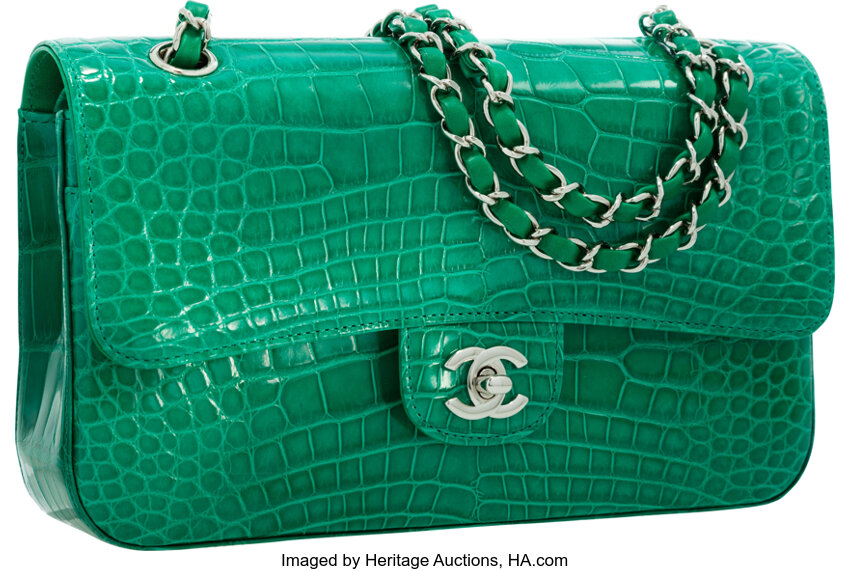 Chanel Shiny Green Crocodile Medium Double Flap Bag with Silver, Lot  #58348