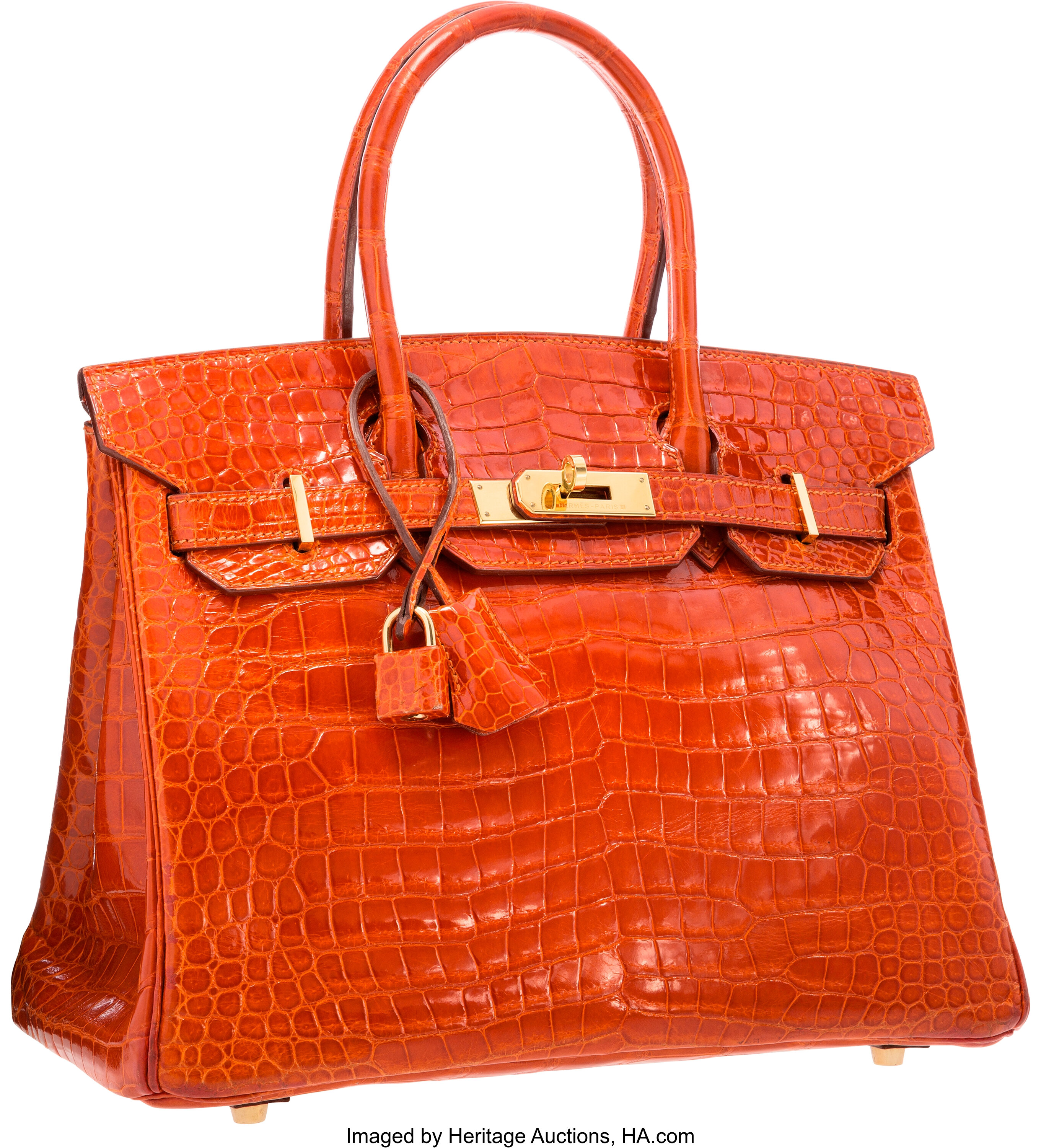Hermes 30cm Shiny Orange H Porosus Crocodile Birkin Bag with Gold, Lot  #58288