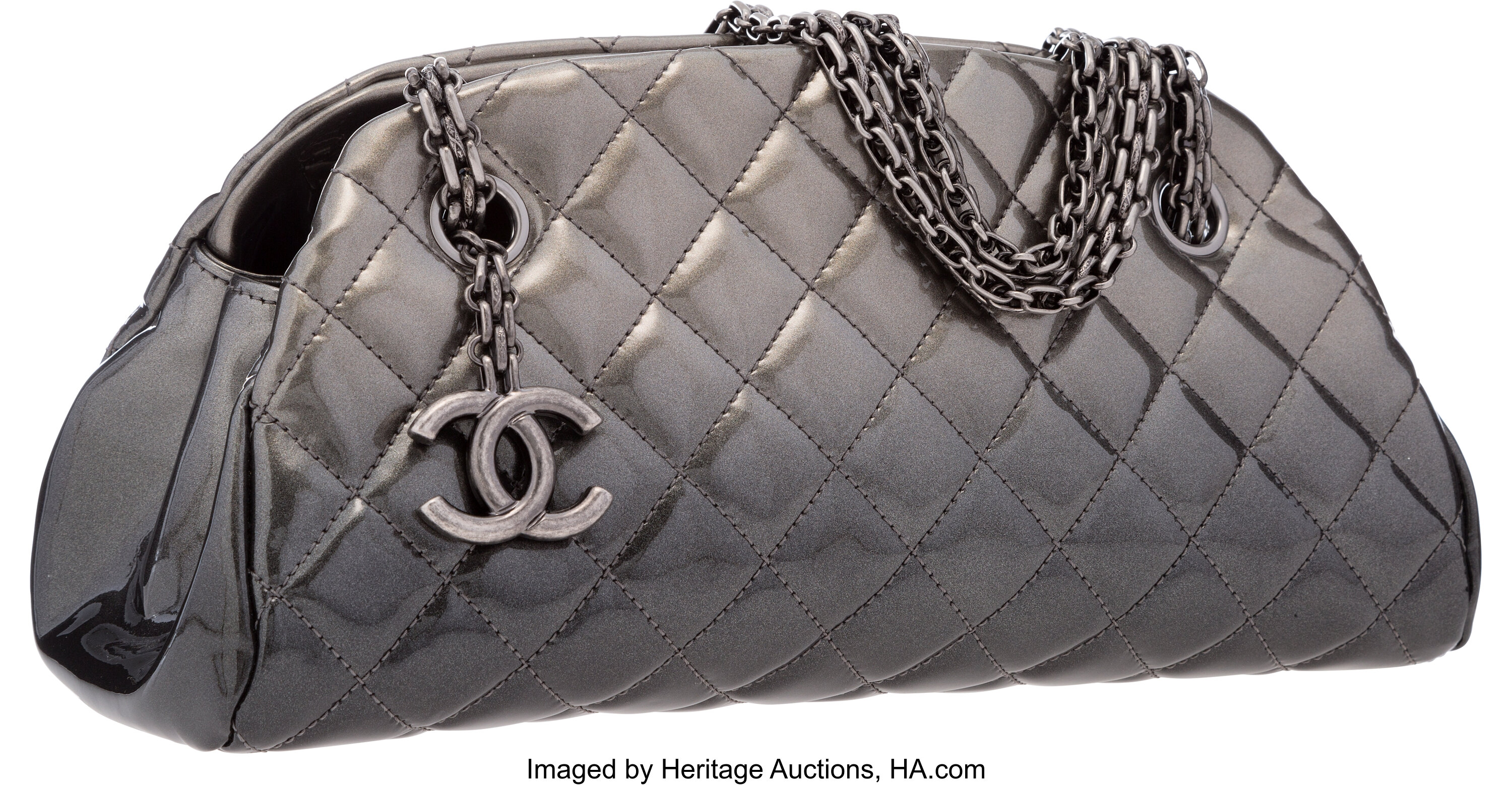 Chanel Ombre Gray Patent Leather Bowling Bag with Gunmetal