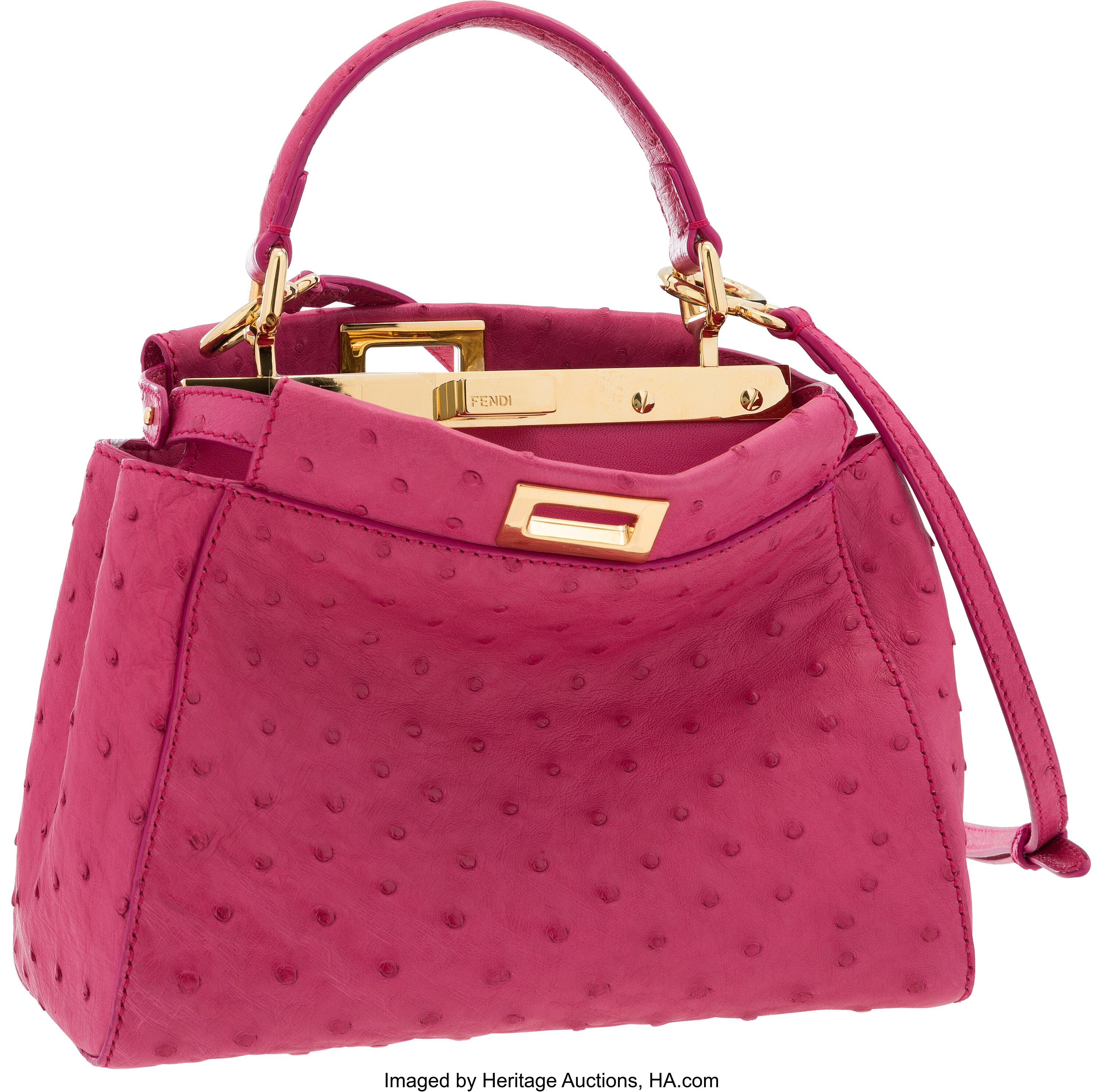 Fendi Pink Ostrich Mini Peekaboo Bag with Gold Hardware. Very Good