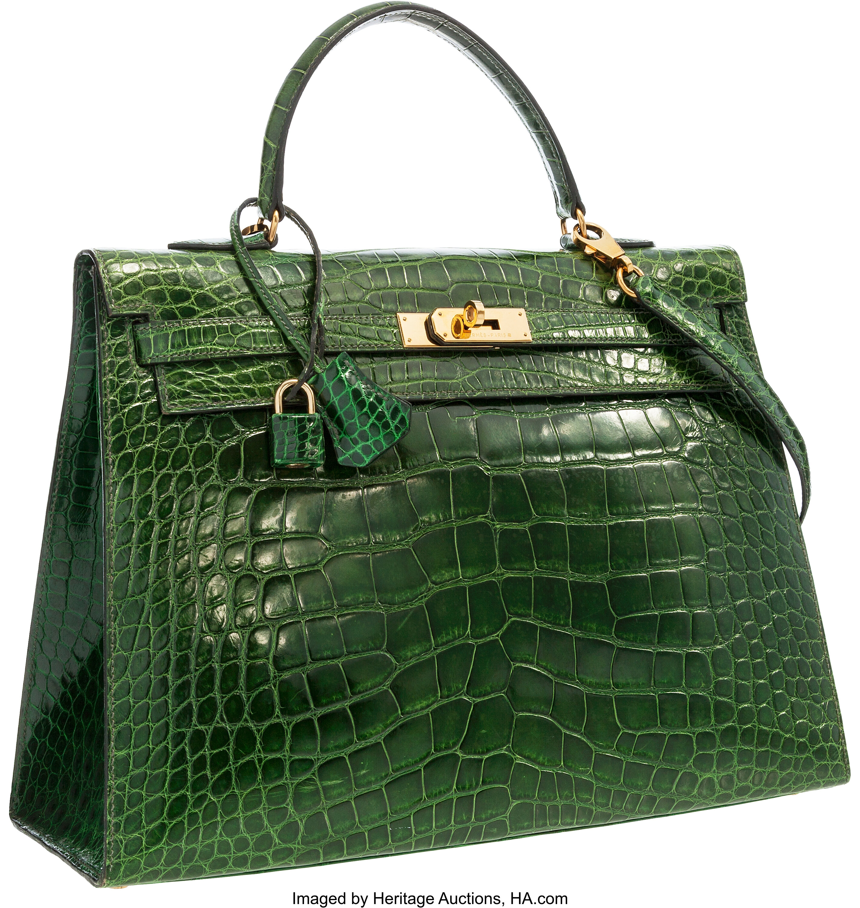 Hermes 35cm Shiny Vert Emerald Alligator Sellier Kelly Bag with | Lot ...