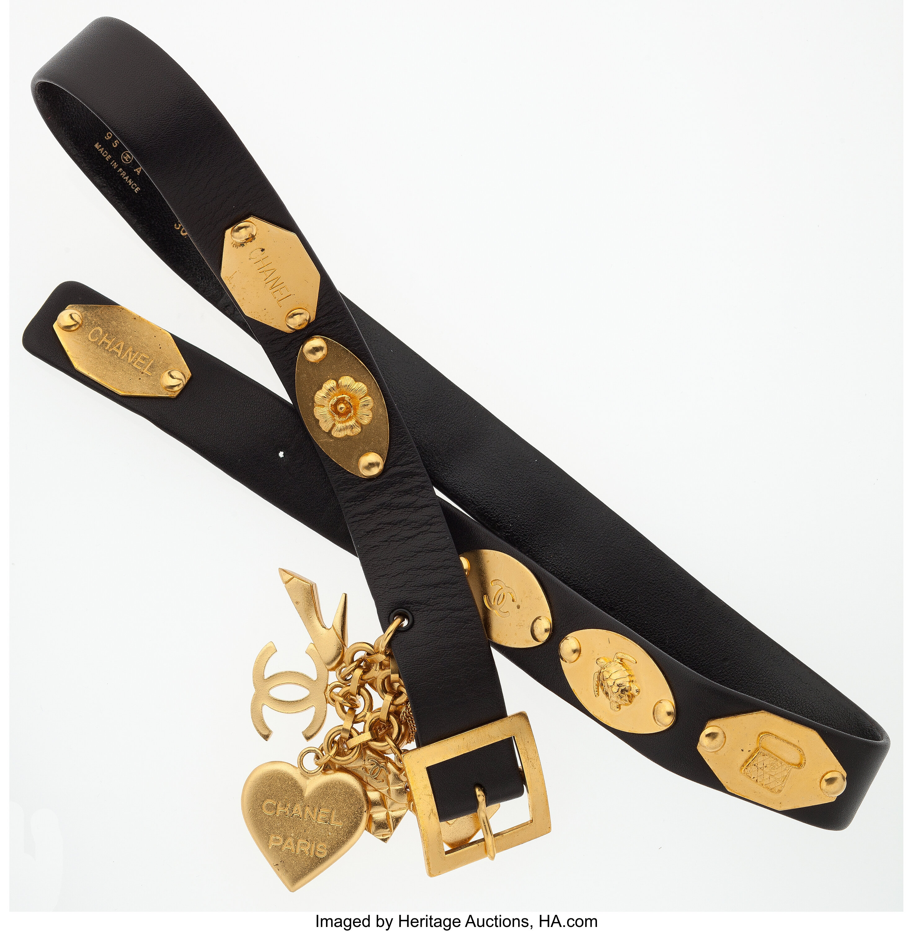 Gold & Black Leather 'CC' Medallion Chain Belt