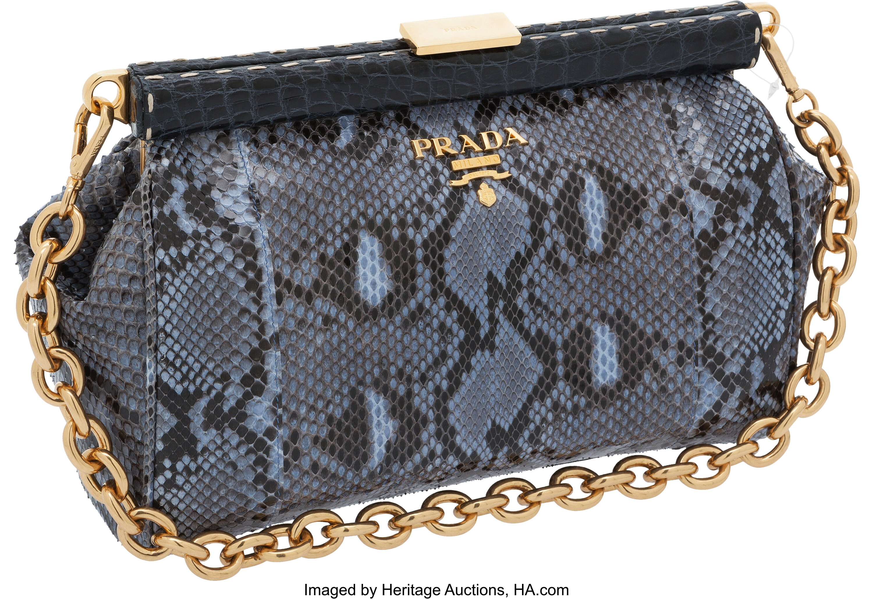 Prada Blue Snakeskin Frame Bag with Gold Chain Strap. Excellent | Lot ...