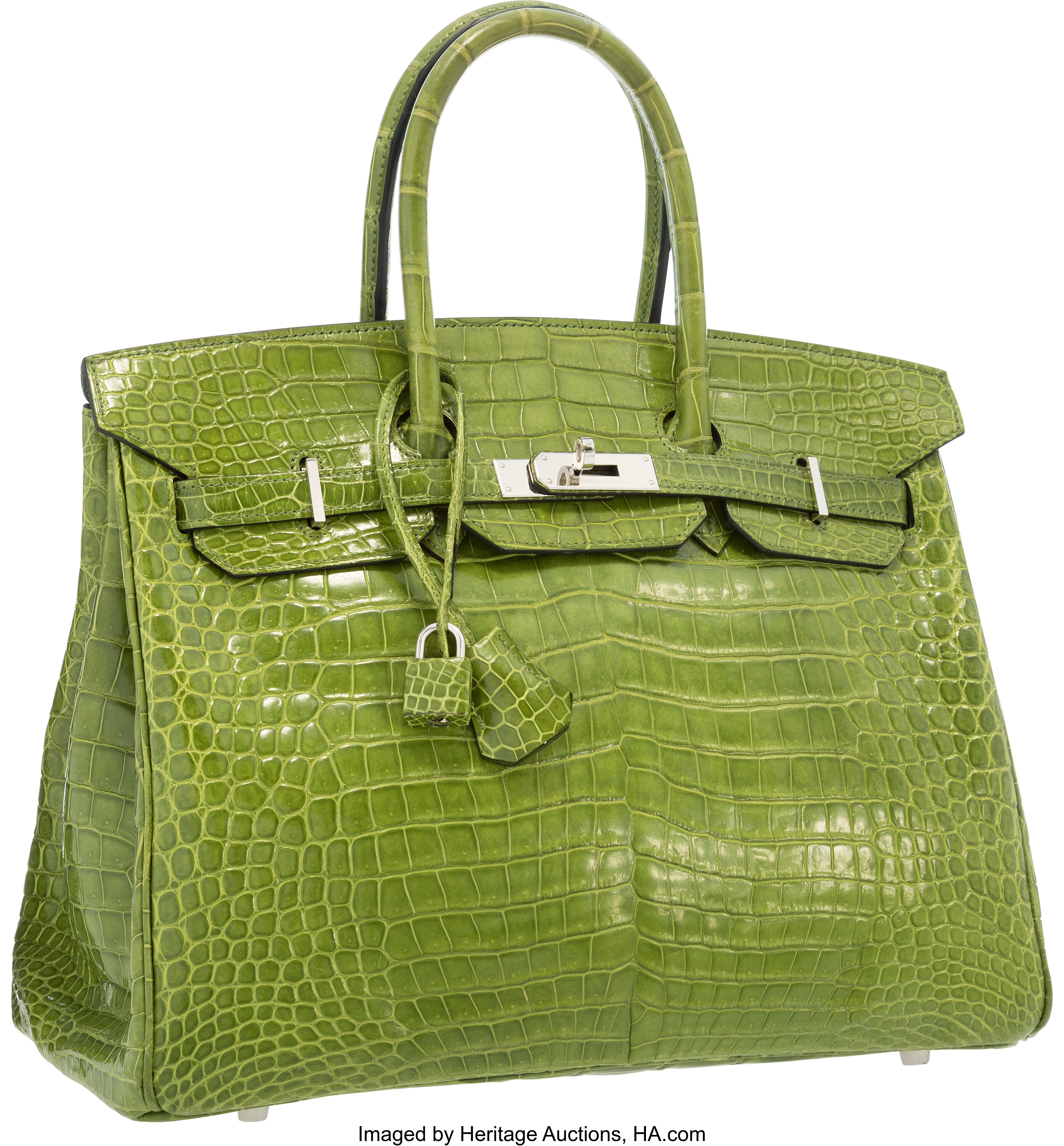 Hermes 35cm Shiny Vert Fonce Porosus Crocodile Birkin Bag with Gold, Lot  #58159