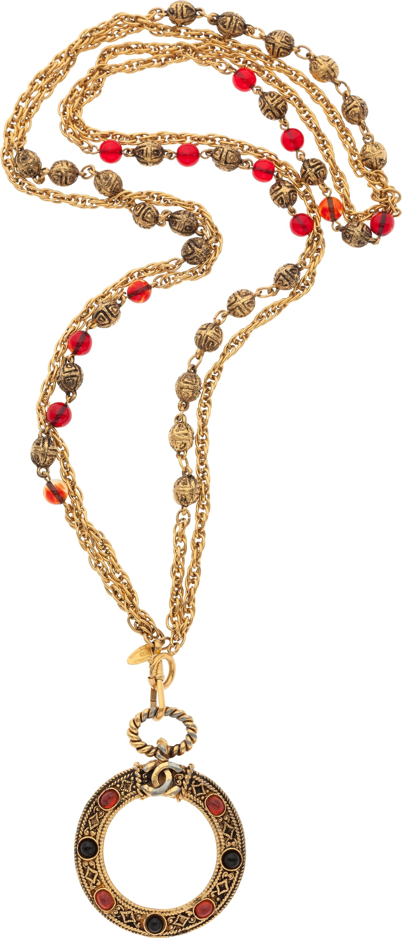 Chanel Gold & Red Gripoix Magnifying Glass Necklace. Very Good, Lot #58784