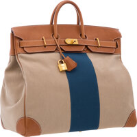 Hermes 50cm Fauve Barenia Leather & Toile HAC Birkin Bag with