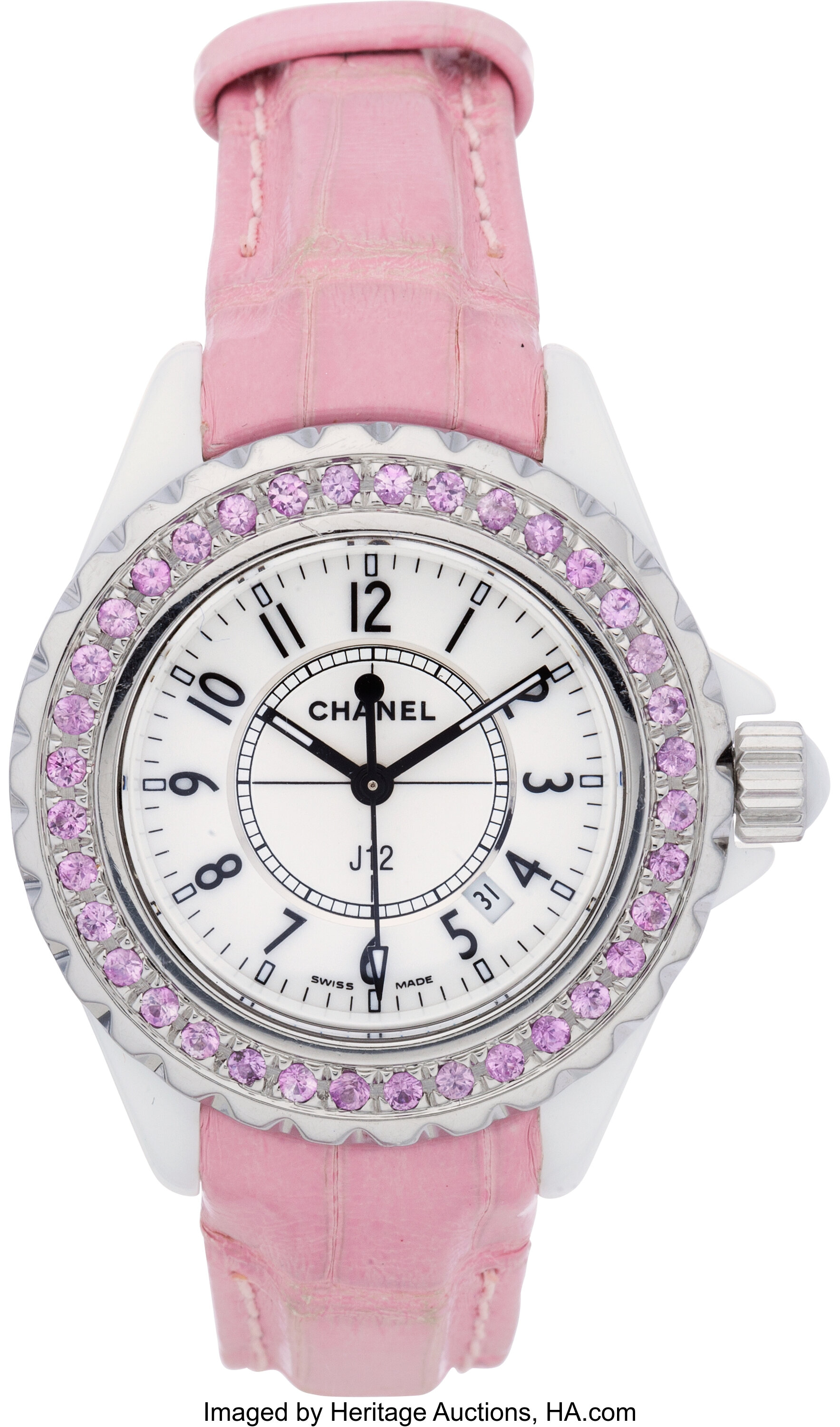 Chanel J12 Quartz 33mm White Ceramic Factory Pink Sapphire Bezel