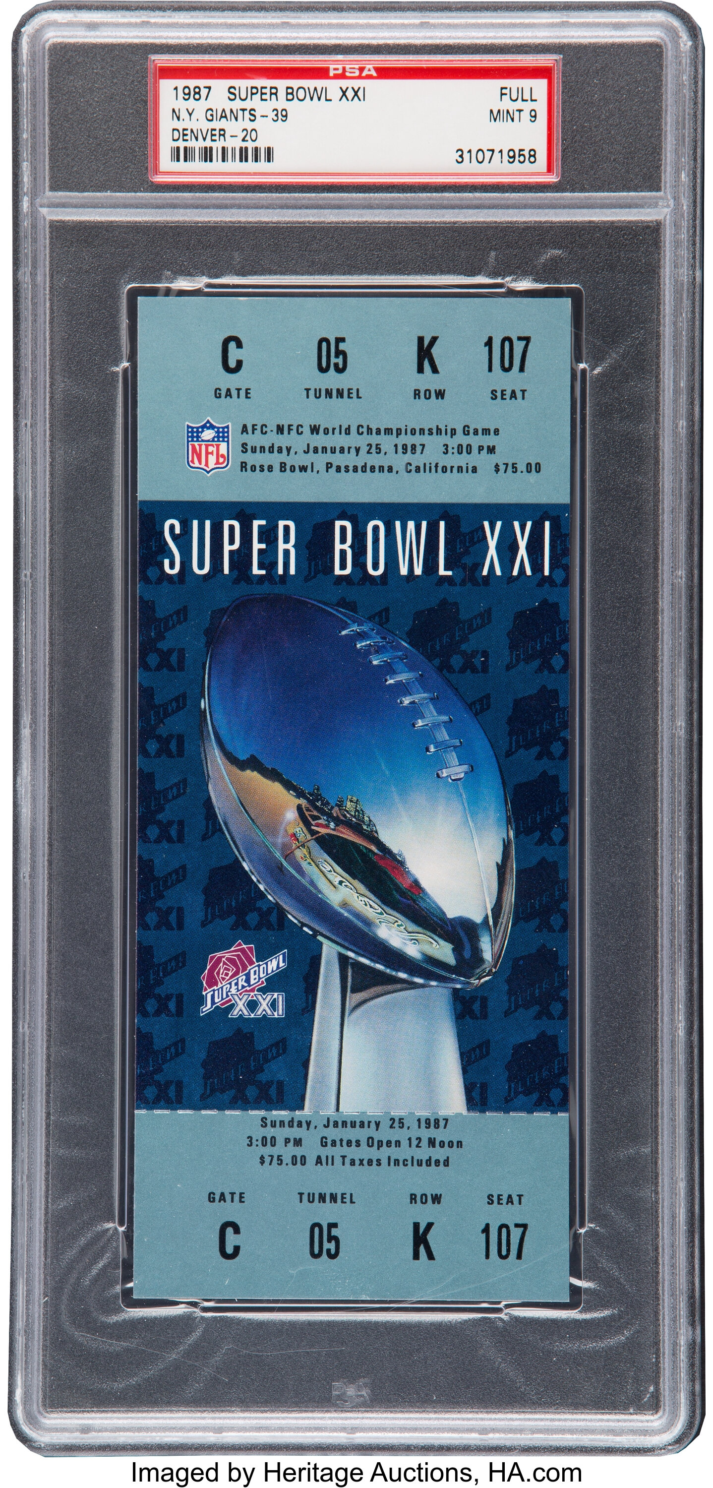 1987 Super Bowl XXI Full Ticket PSA Mint 9 - Highest Grade!, Lot #83655