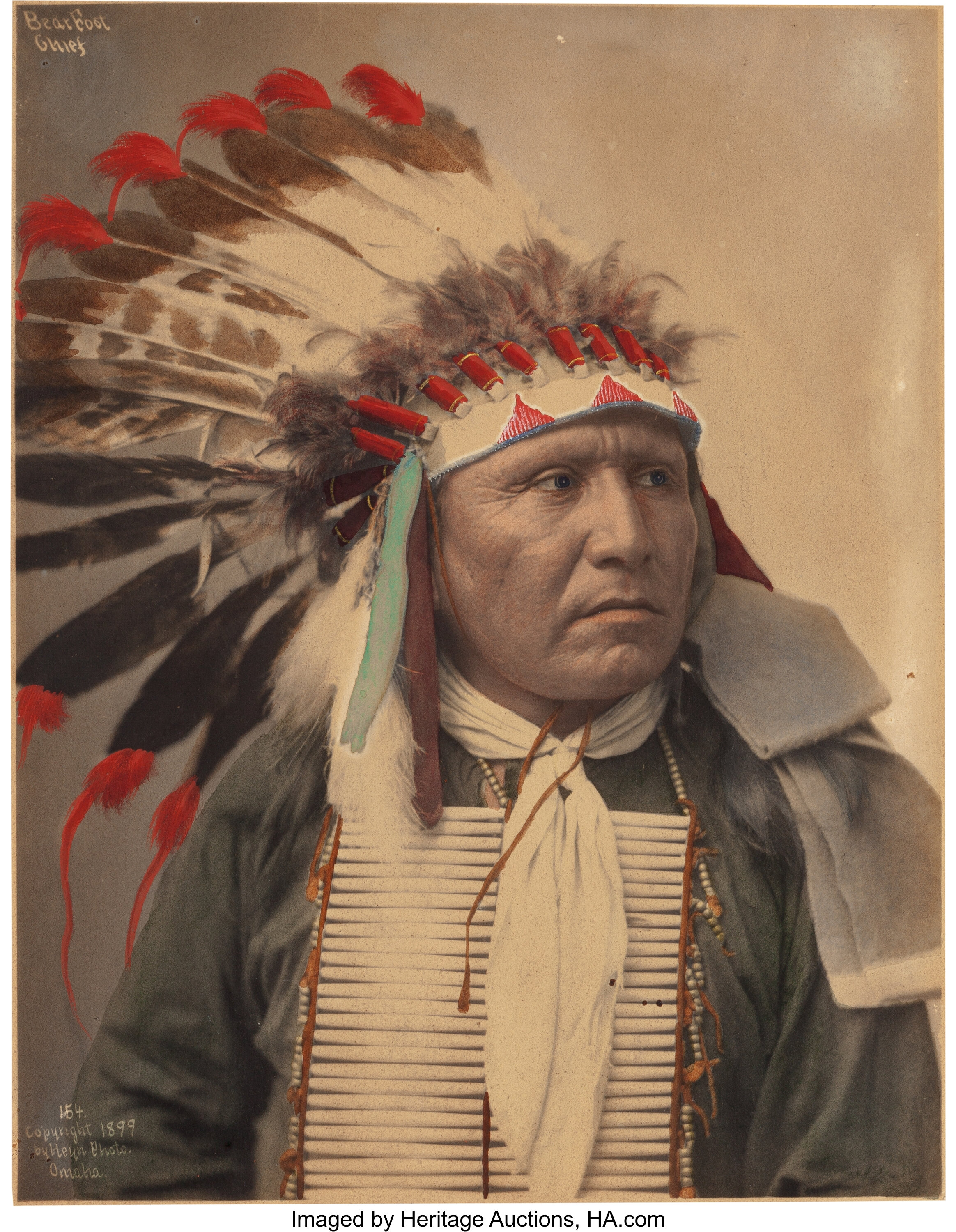 FIVE HAND-COLORED PHOTOGRAPHS - SIOUX CHIEFS. c. 1899... (Total: 5 ...