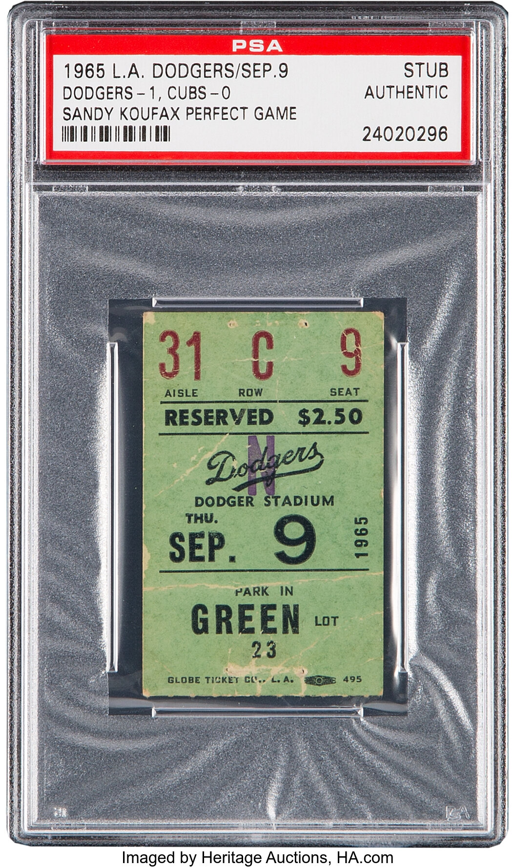 1965 Sandy Koufax Perfect Game Ticket Stub, PSA Authentic. , Lot #82440