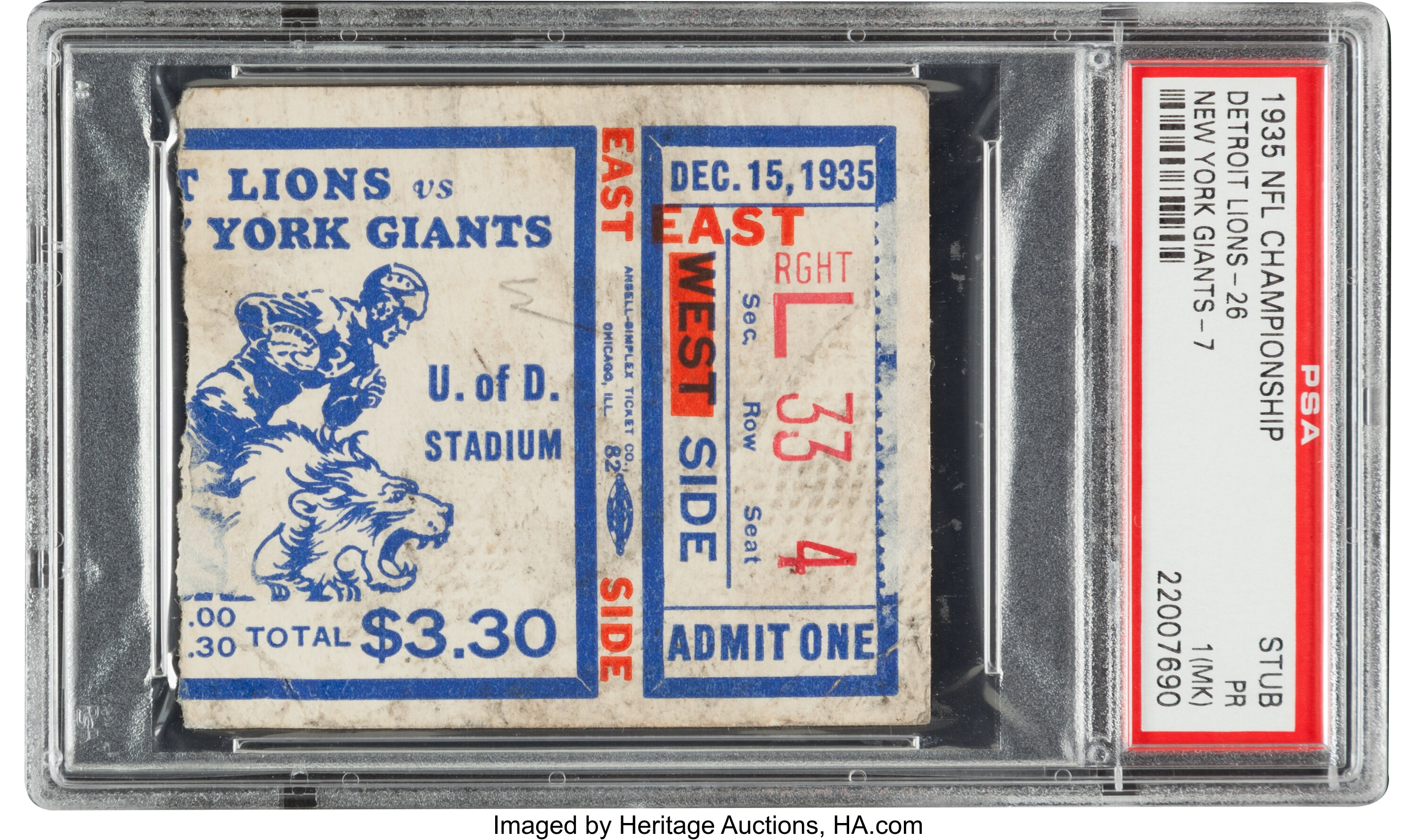 1935 NFL Championship Game Lions Vs. Giants Ticket Stub PSA PR 1, Lot  #82885