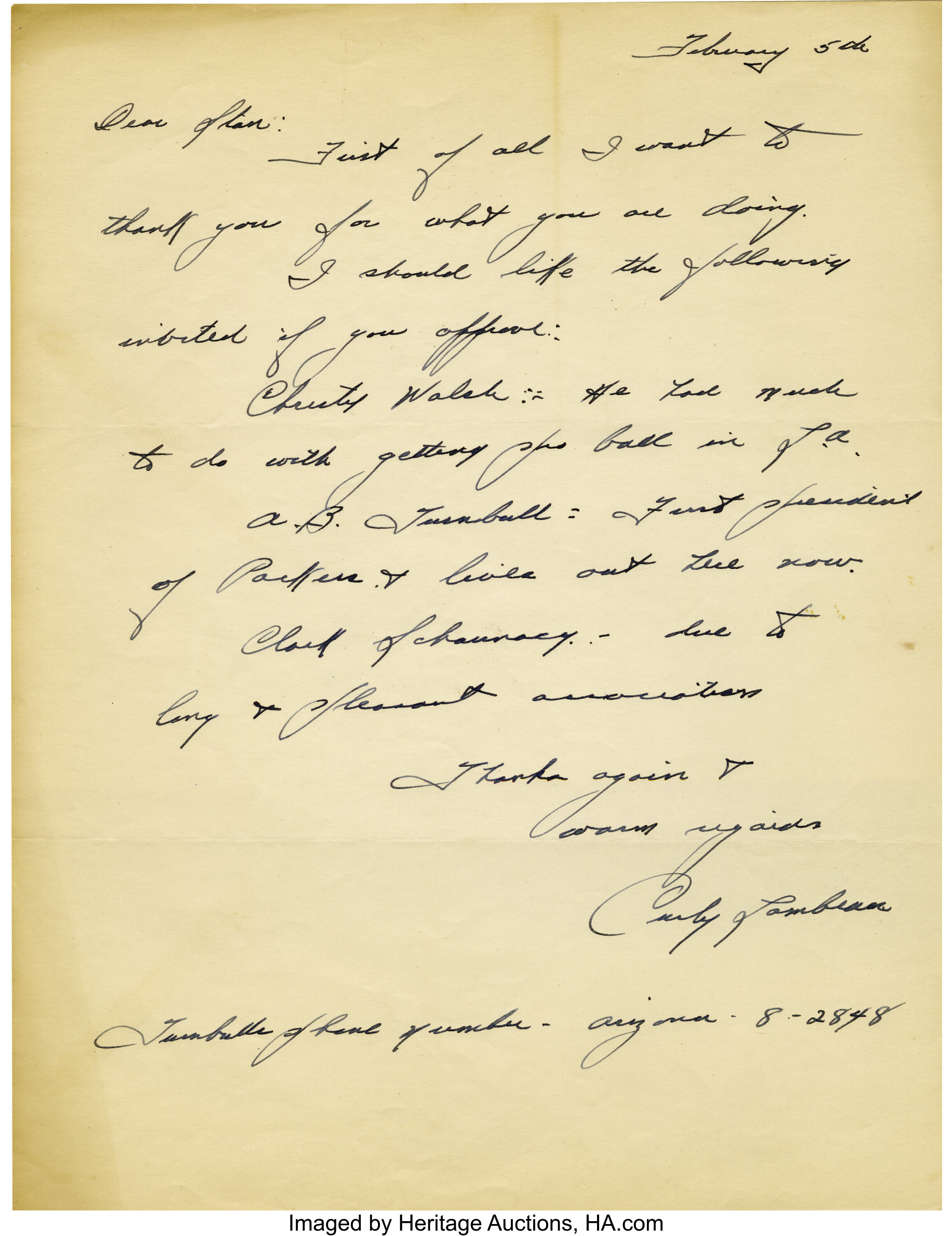 1952 Curly Lambeau Handwritten Signed Letter. The heart and soul of, Lot  #19844