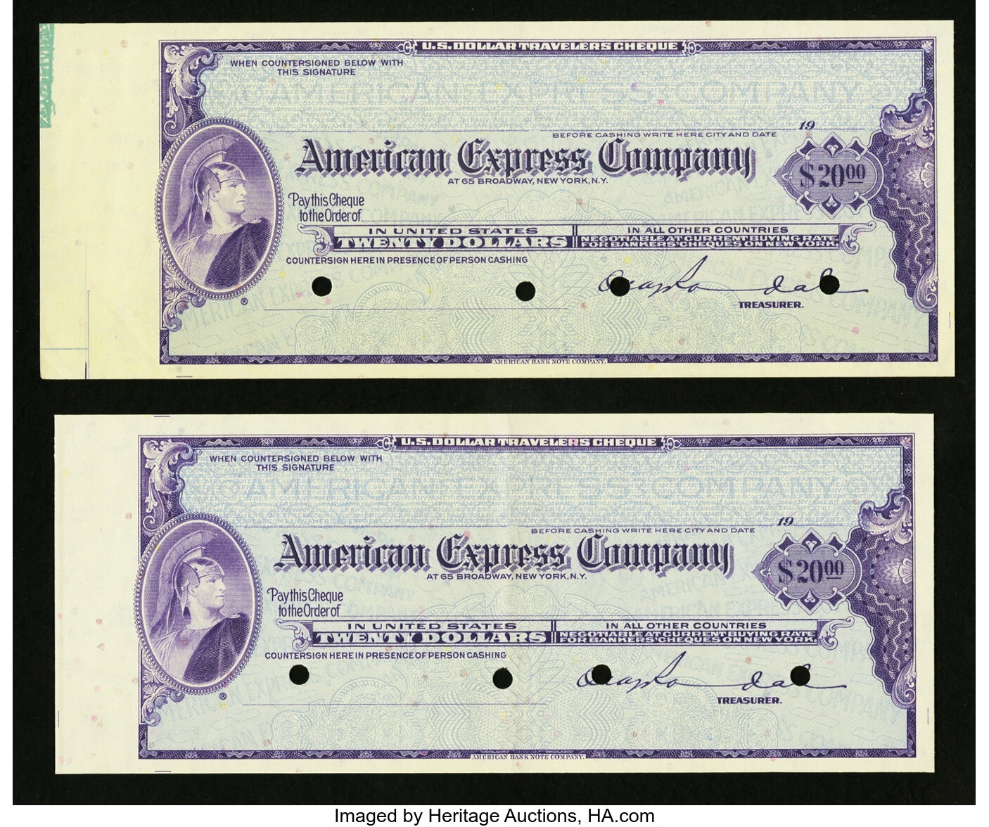 American Express Travelers Cheques $20 19__ Two Examples.. ... | Lot #81072  | Heritage Auctions