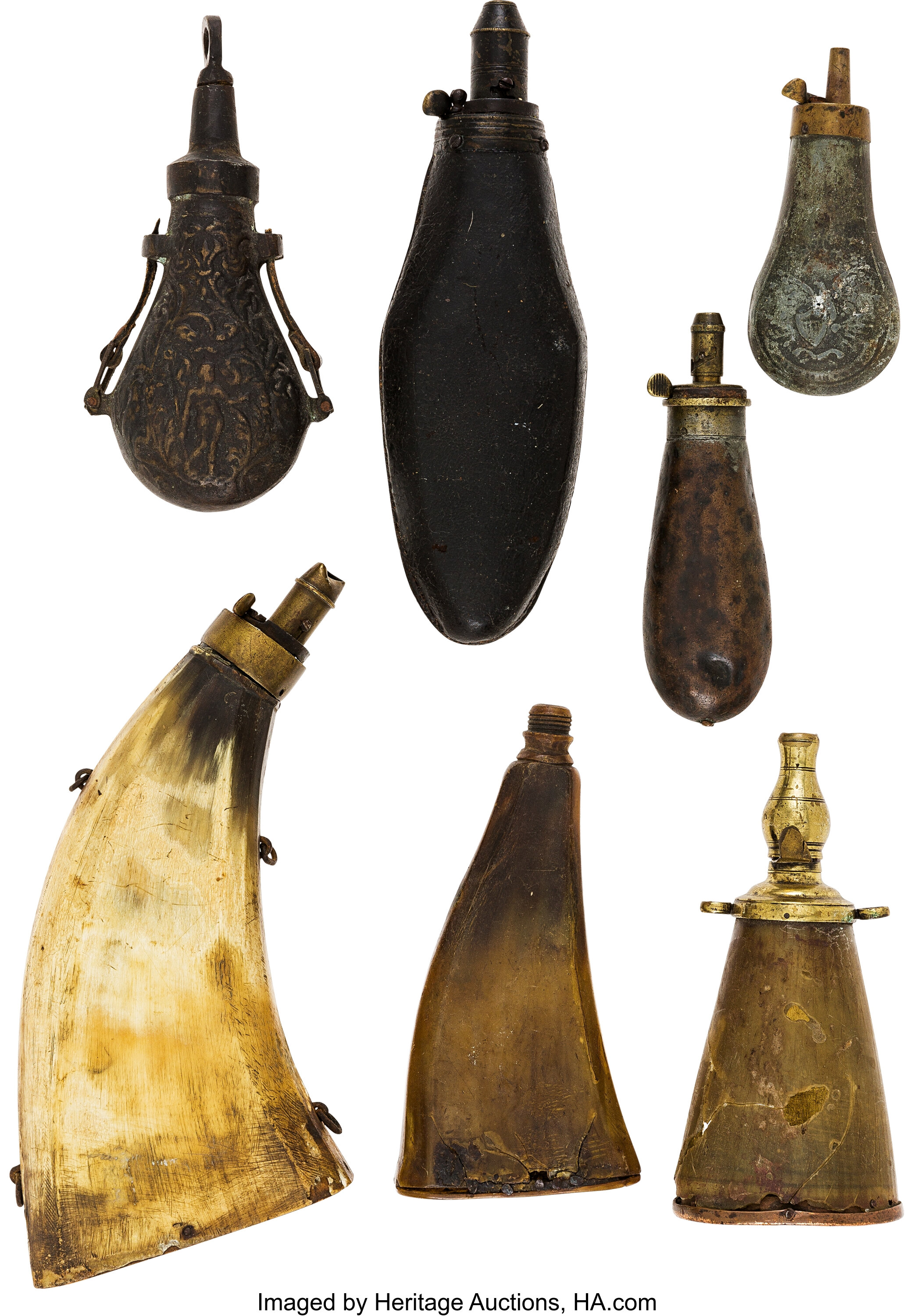 Large Collection of Powder Flasks, Powder Horns, Shot Bag. Arms