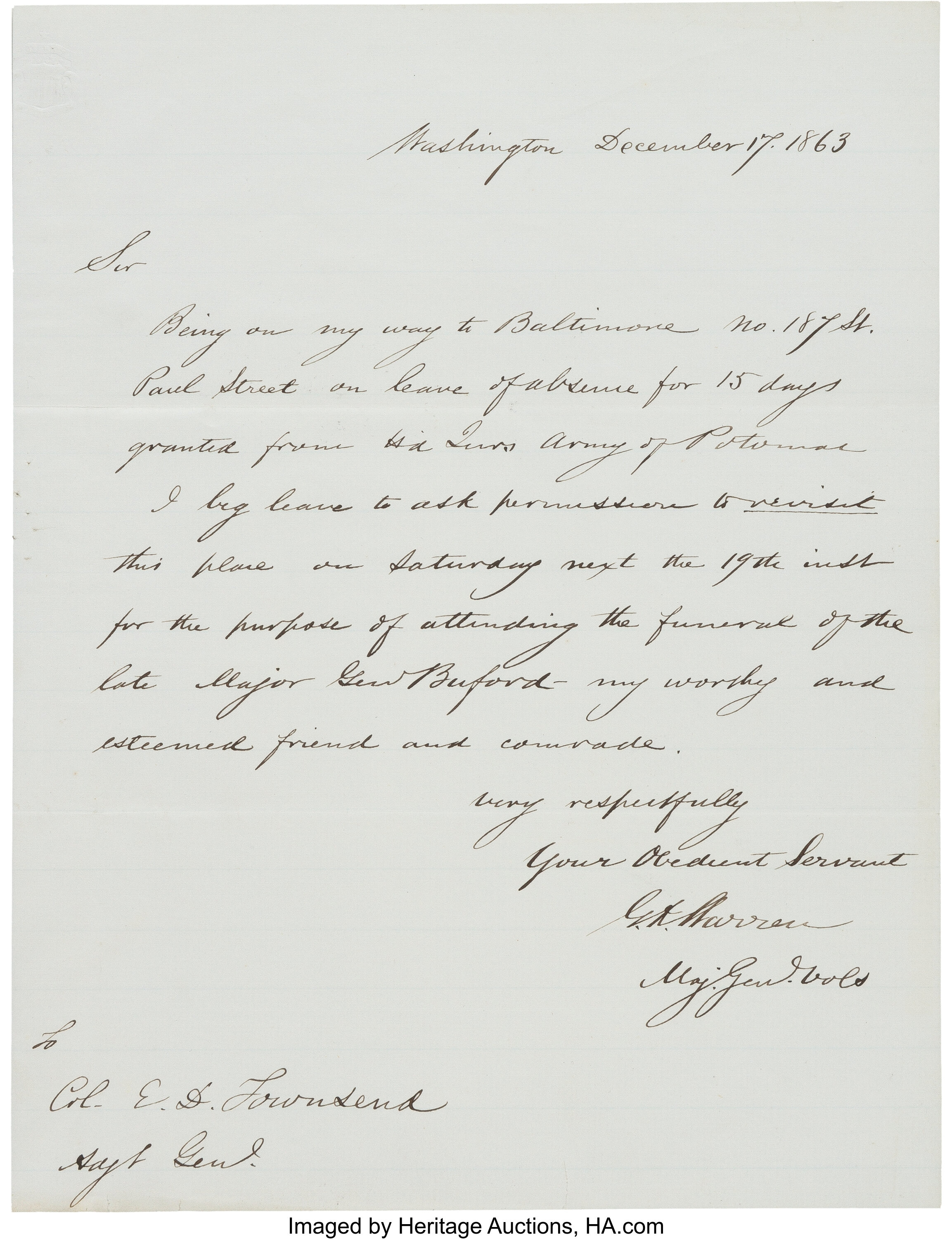 Union General Gouverneur K Warren Autograph Letter Signed