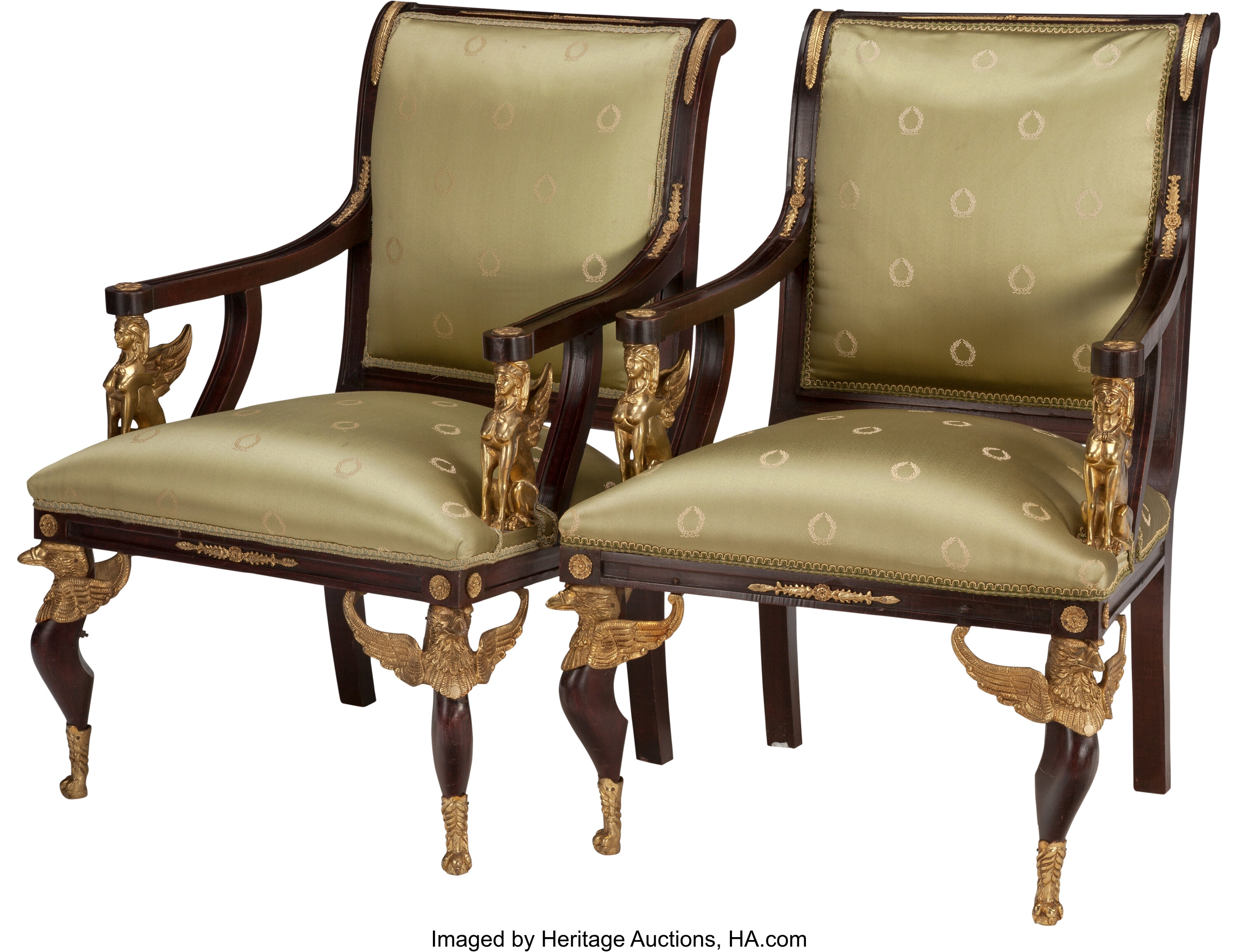 A Pair Of Empire Style Upholstered Mahogany Fauteuils With Gilt