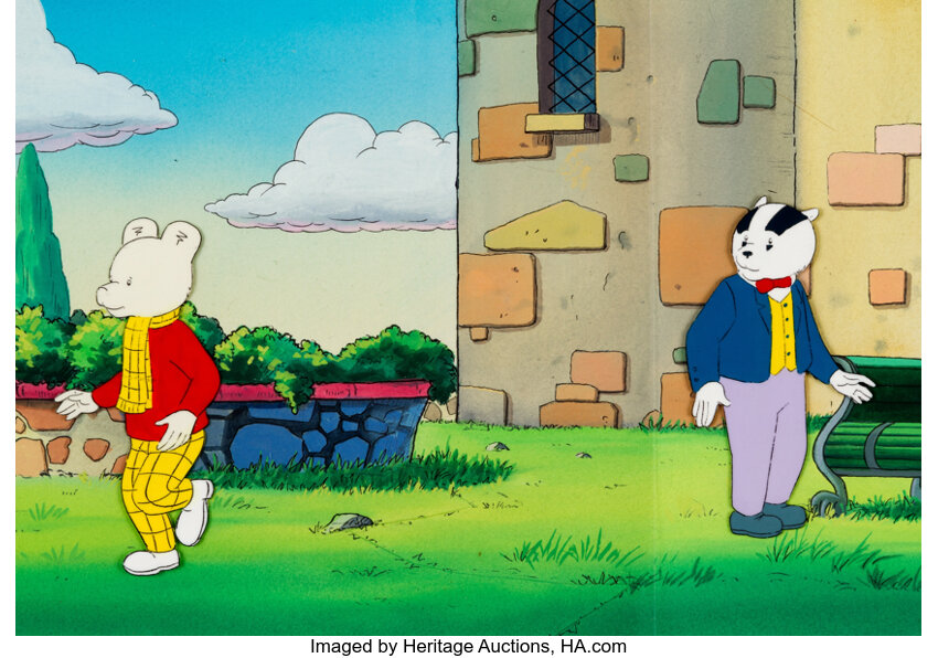 RUPERT BEAR TV SERIES ORIGINAL HAND PAINTED CEL & COPY BACKGROUND