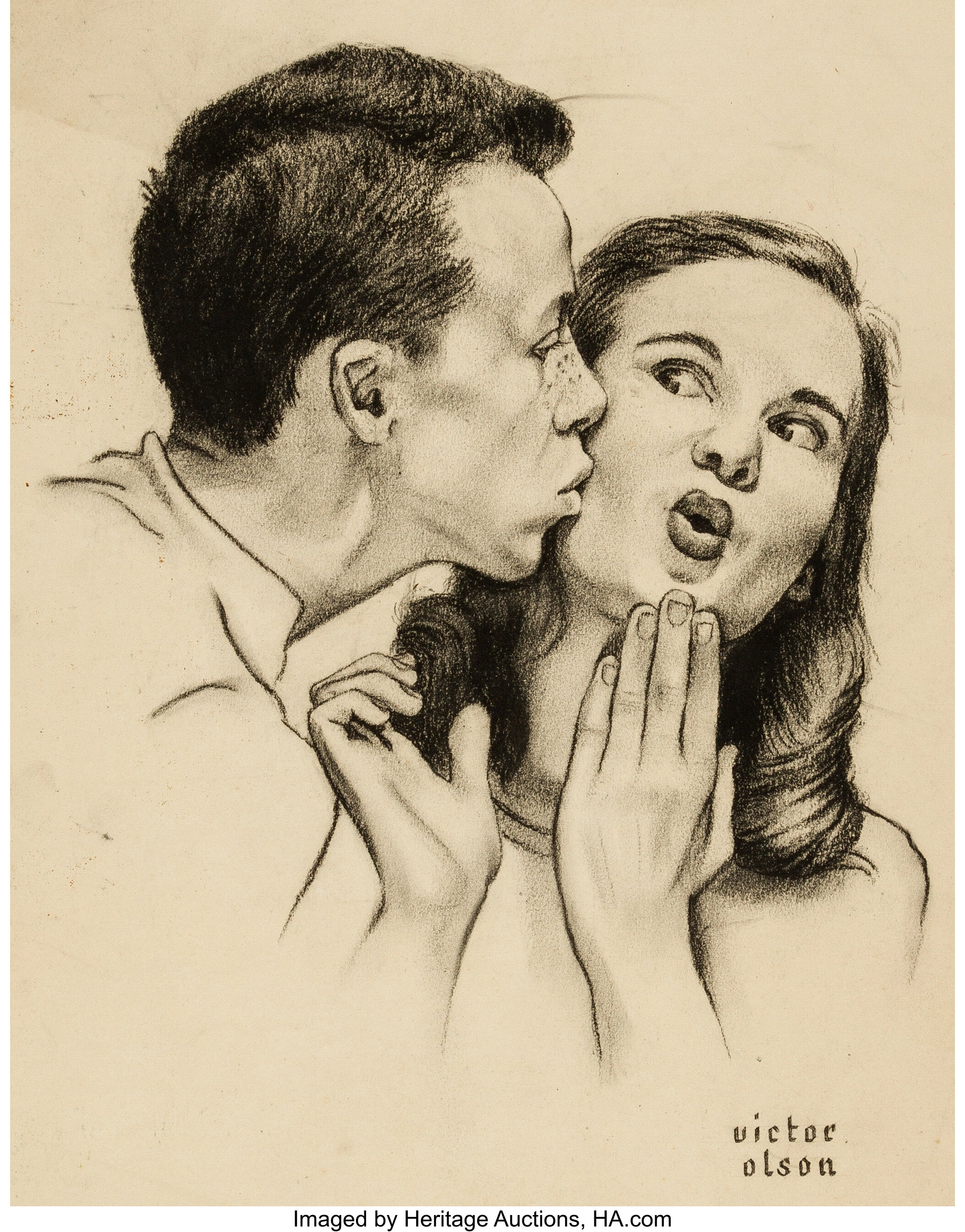 Victor Olson Boy Kissing Girl Illustration Original Art Lot