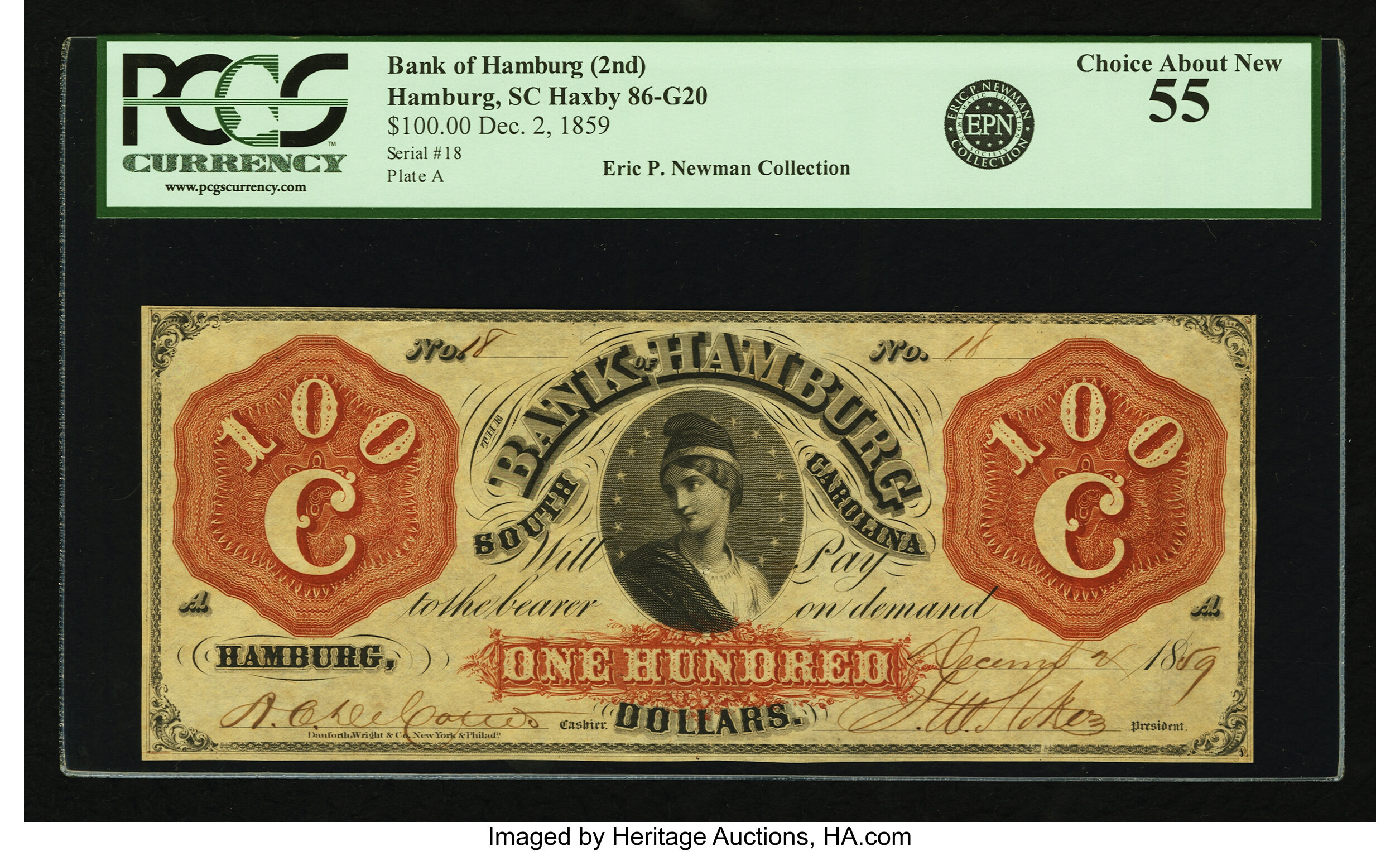 Hamburg, SC - Bank of Hamburg (2nd) $100 Dec. 2, 1859 SC-86 G20, | Lot ...