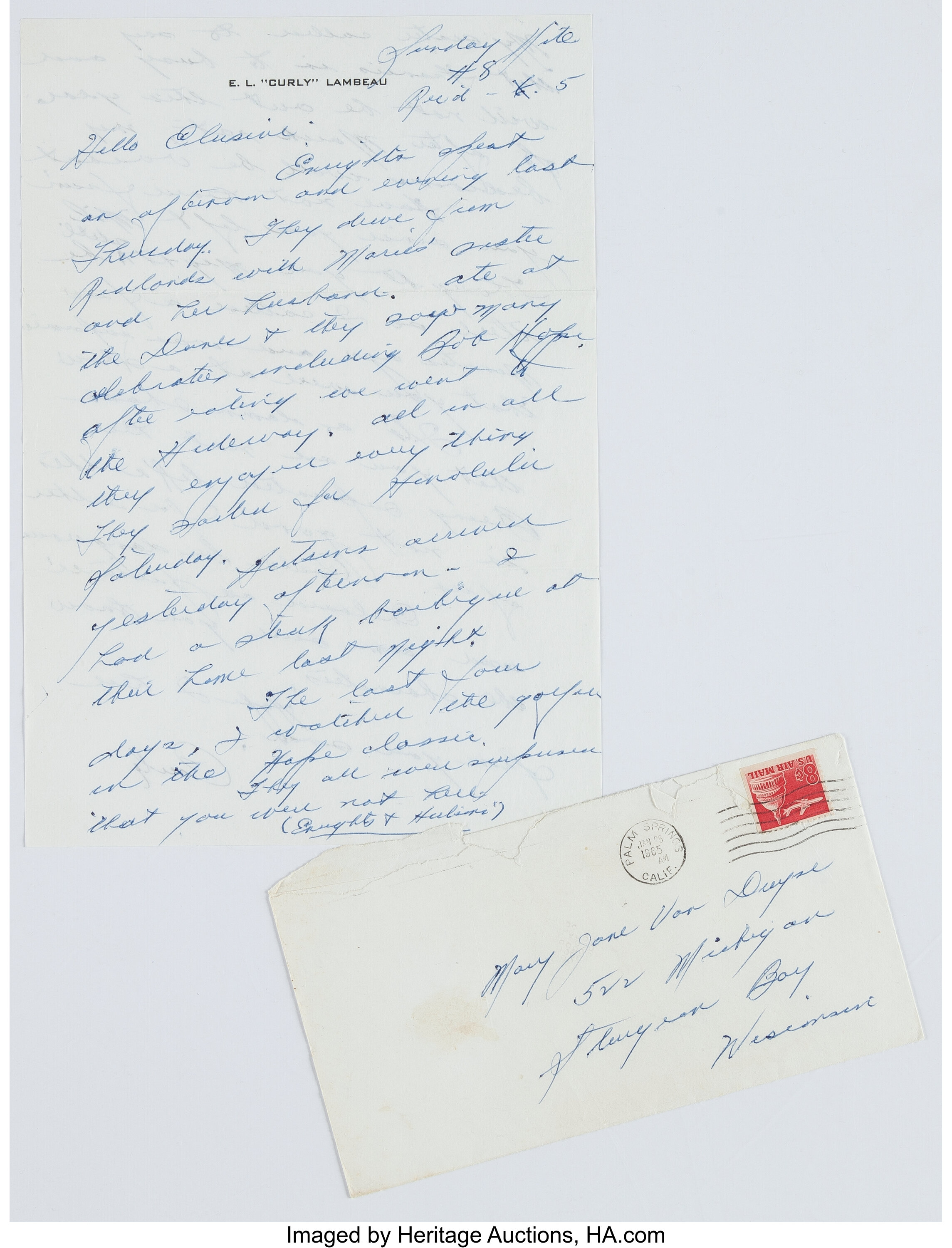 Curly Lambeau Handwritten Signed Letter - January 25, 1965 (Green, Lot  #44108