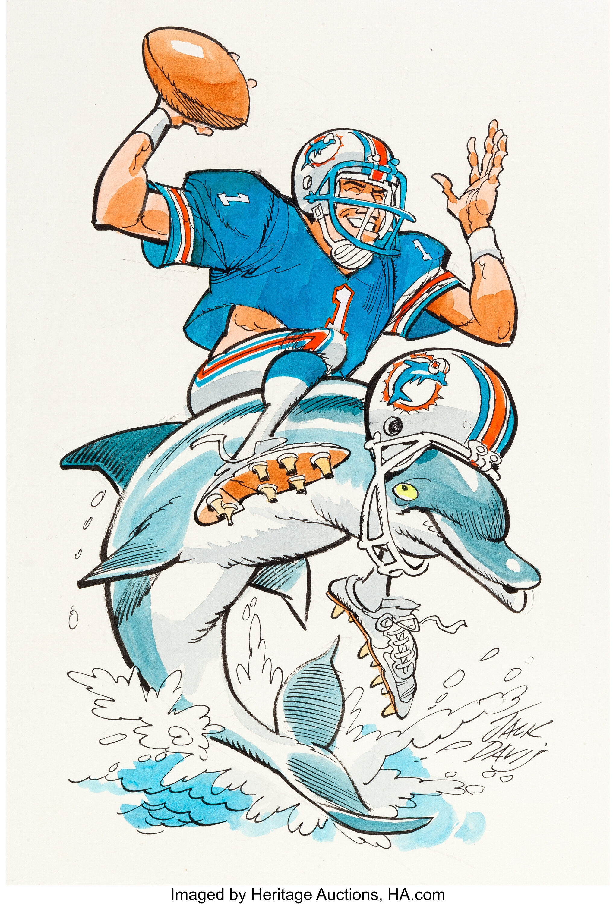 Jack Davis Miami Dolphins Football Illustration Original Art (Hot