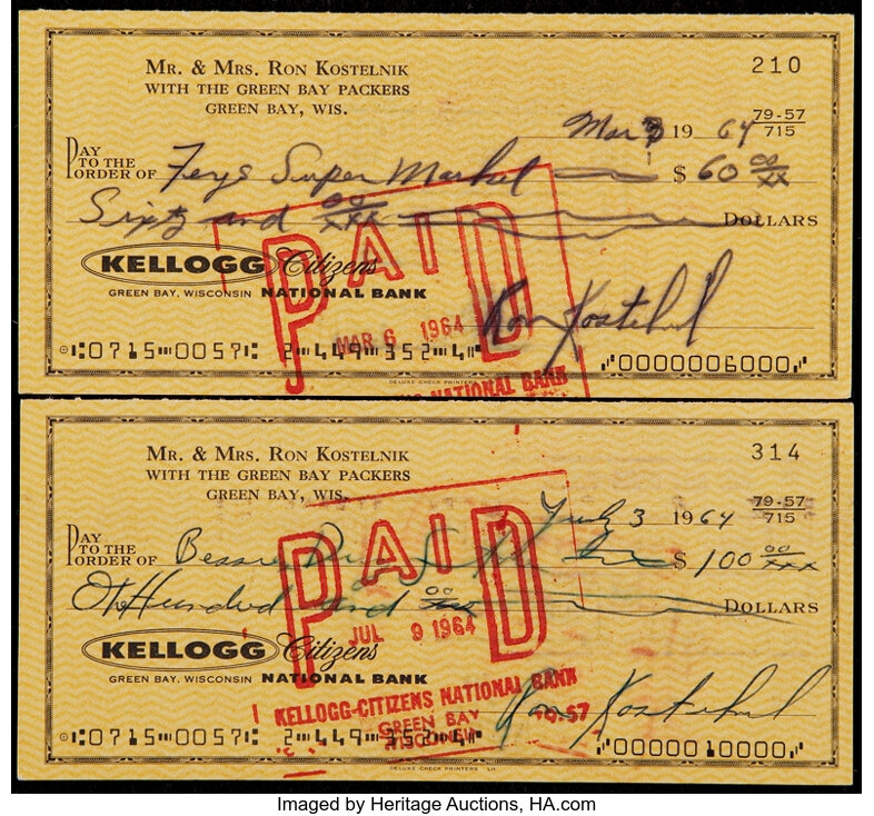 1967 Ron Kostelnik Signed Check - Made Out to the Packers and Bob