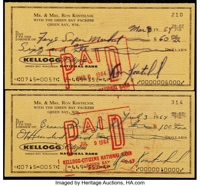 1967 Ron Kostelnik Signed Check - Made Out to the Packers and Bob