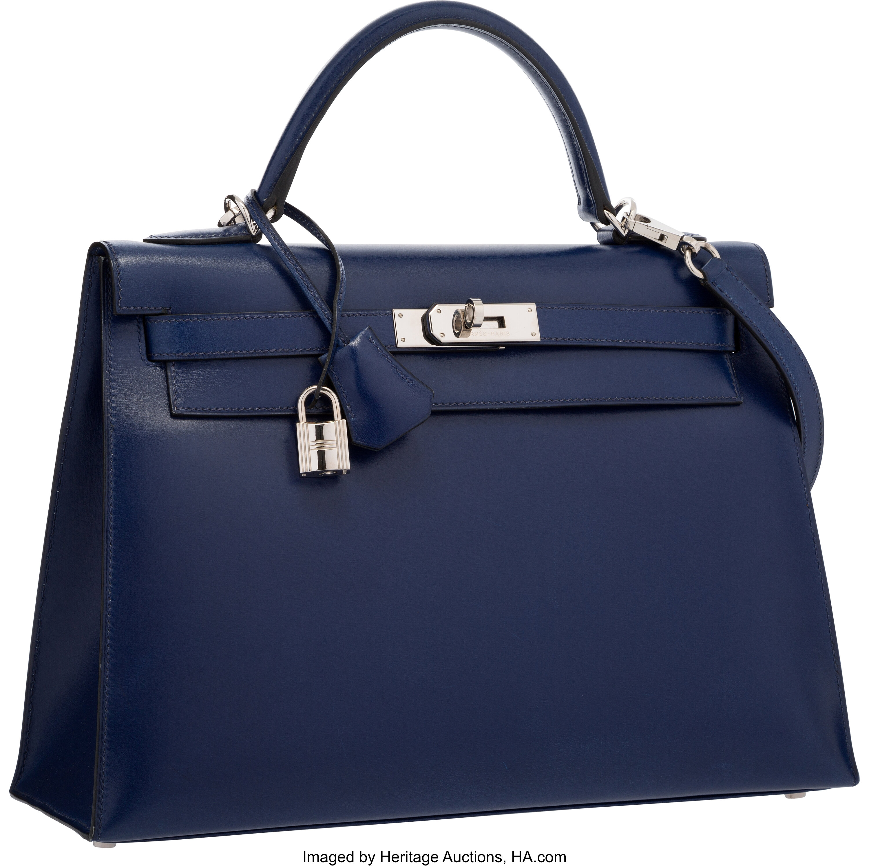 Hermes 32cm Blue Saphir Calf Box Leather Sellier Kelly Bag with | Lot ...