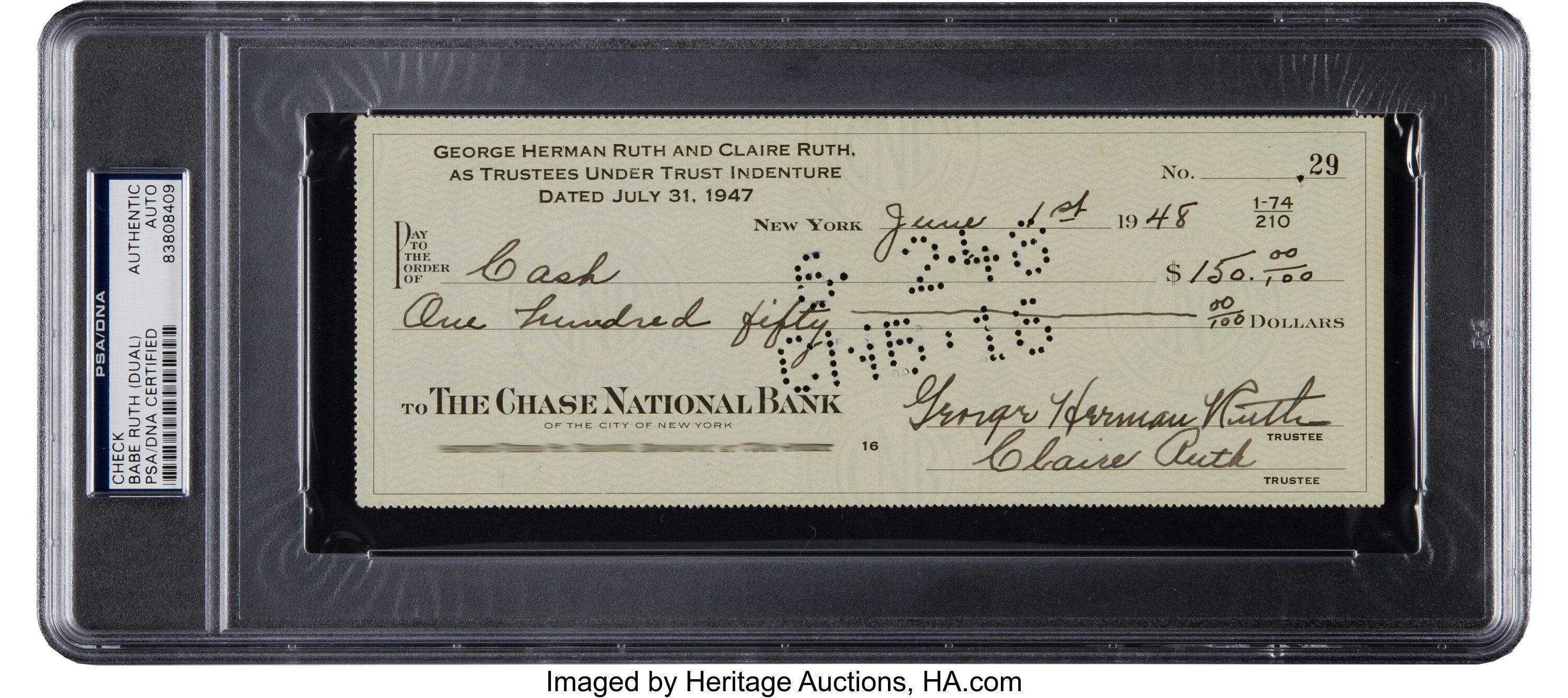 1948 George Herman Ruth Double-Signed Check--The Babe & His