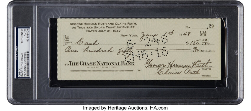 1935 Babe Ruth Double-Signed Check. Those following the memorabilia, Lot  #19023