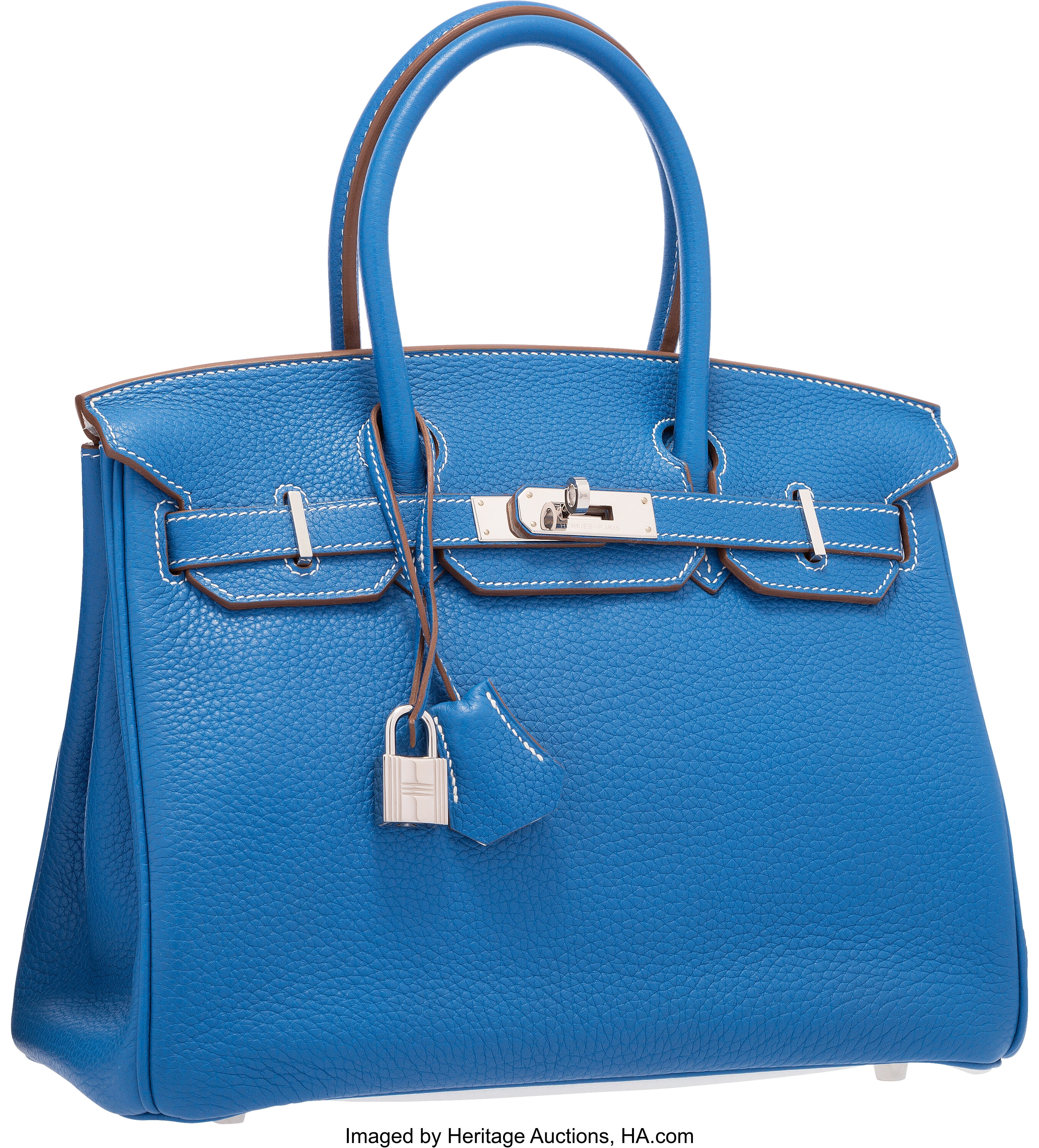 HERMES Clemence Leather Birkin 30 Handle Bag Bleu Paradis Light